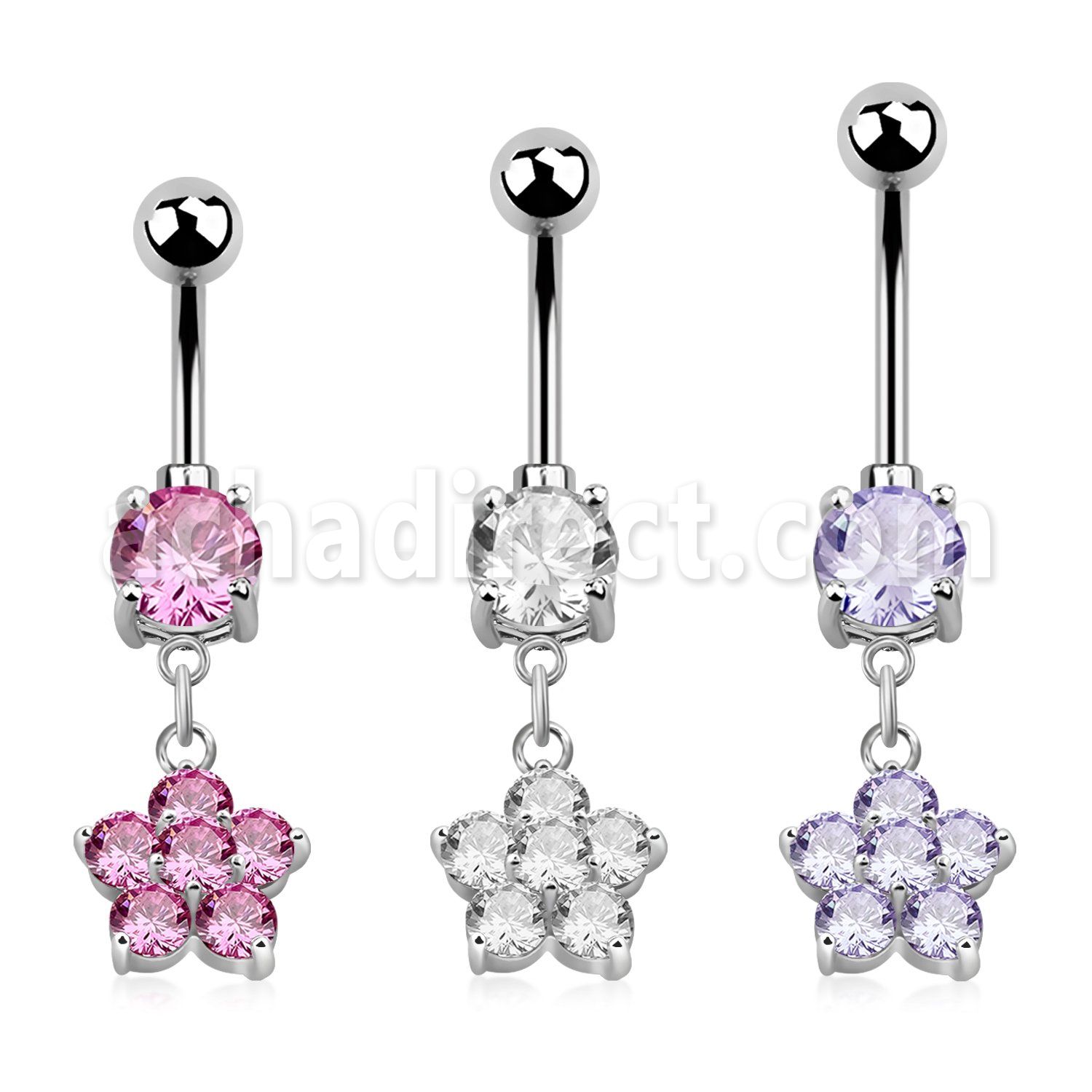 mcdz293 316l steel belly banana with round prong cz cz flower