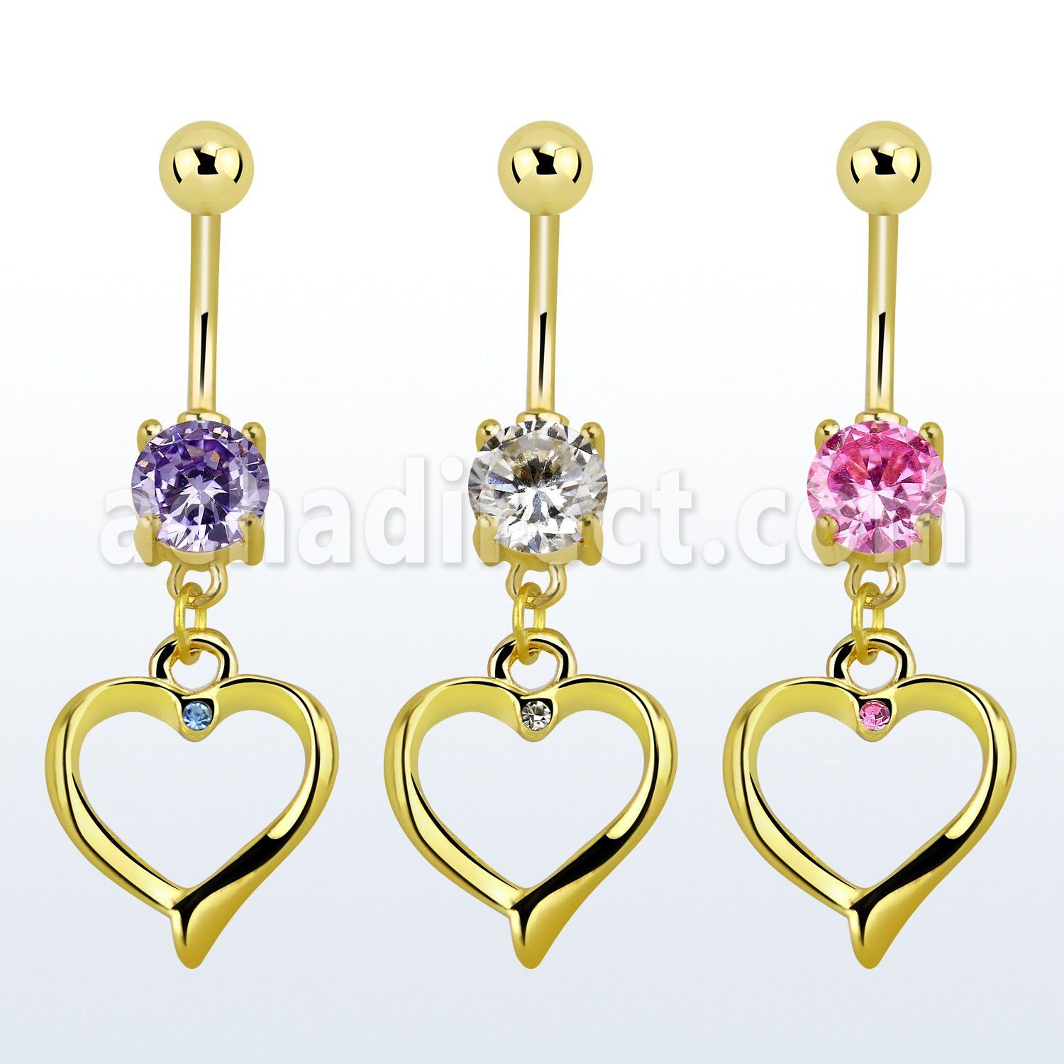 mcdz333 gold anodized belly banana w dangling heart w a crystal