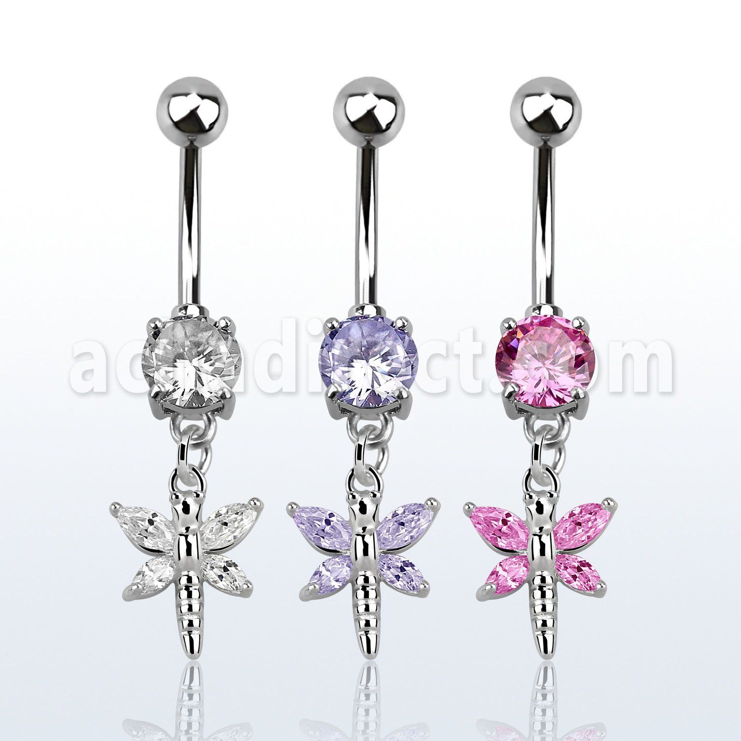mcdz349 belly banana w a dangling dragonfly w cz stone wings