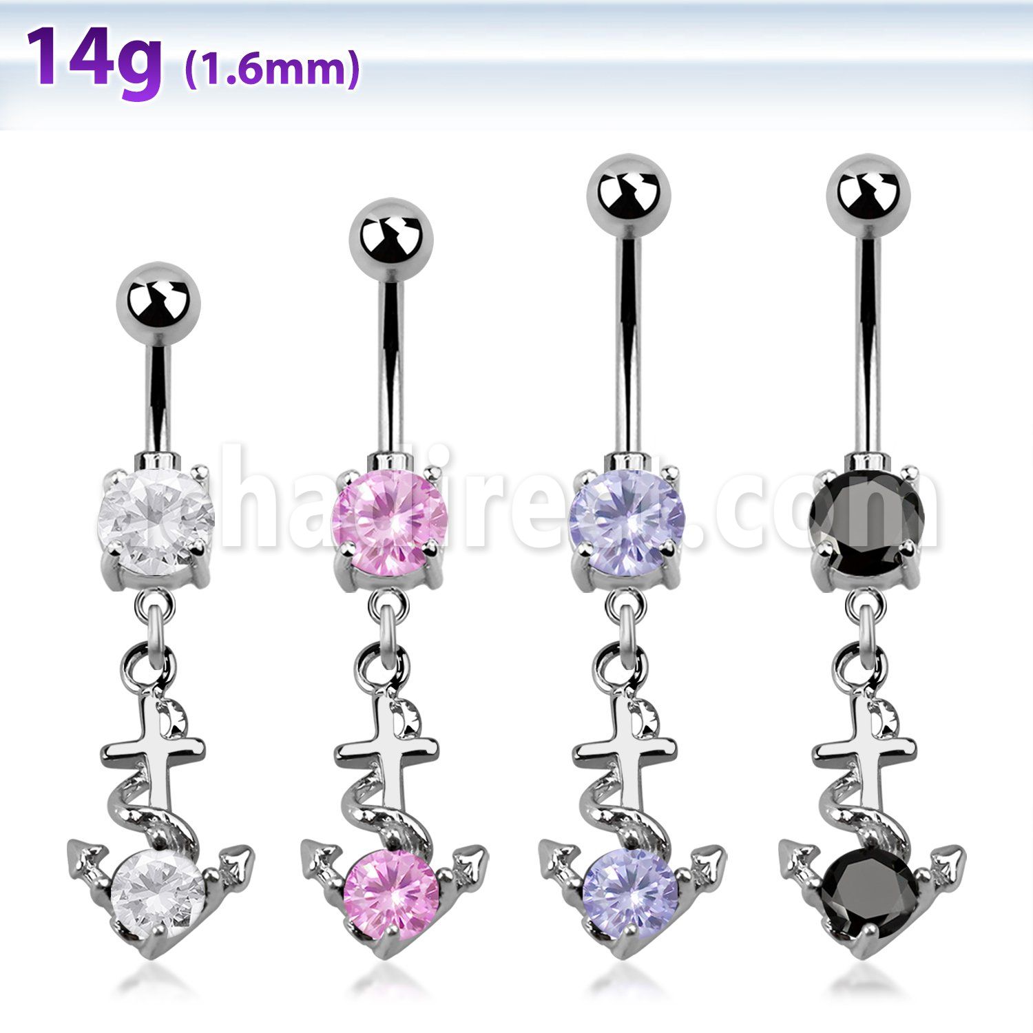 mcdz371 316l steel belly banana with 2 bezel ball anchor w cz