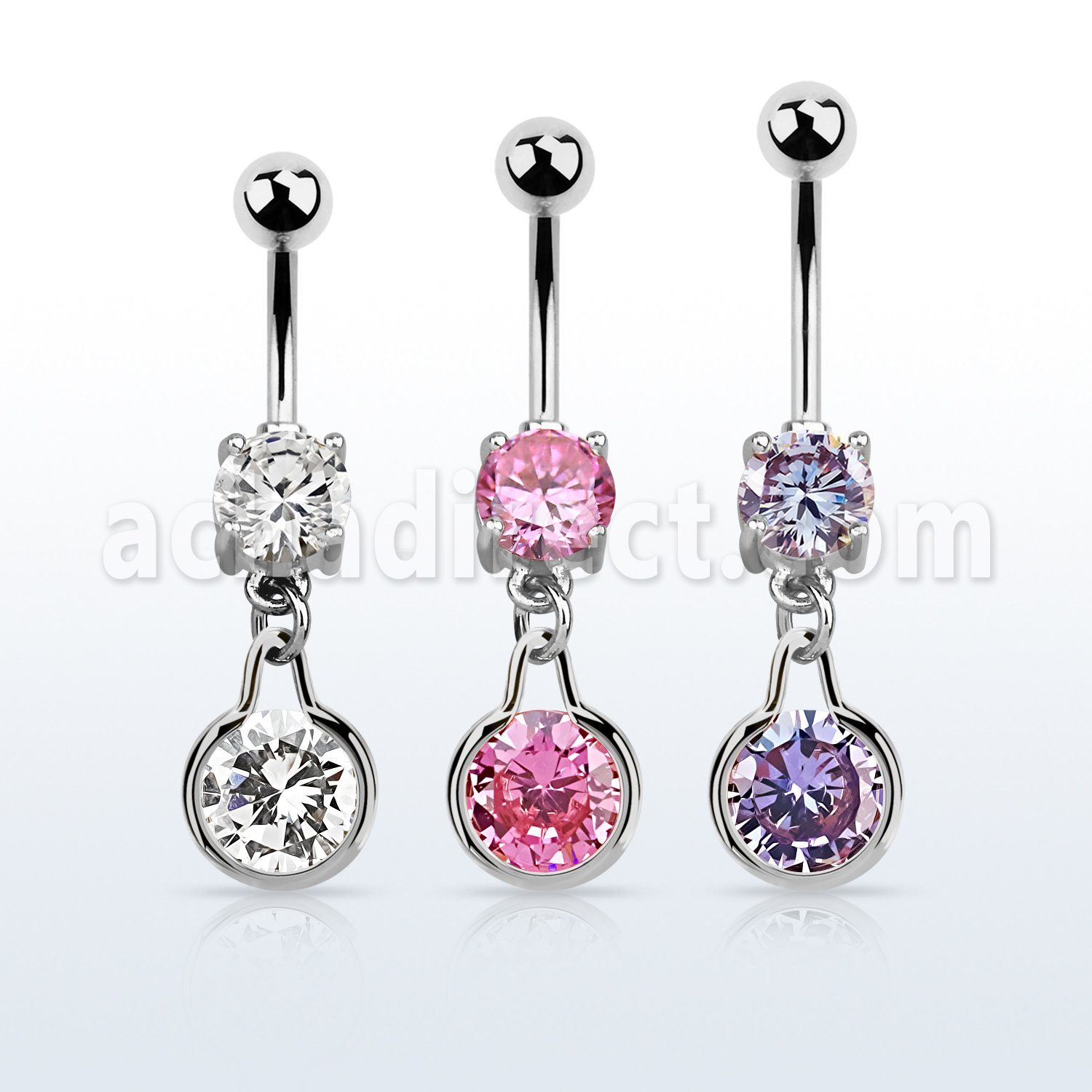mcdz417 steel cz belly banana w round dangling w cz stone