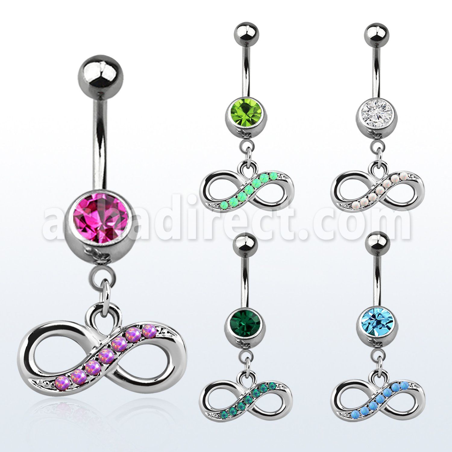 mcop617 steel belly banana w infinity symbol w synthetic opals 