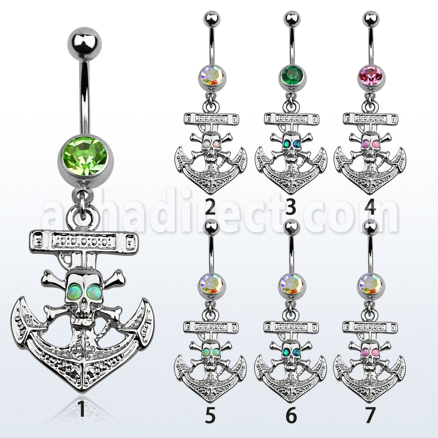 mcop691 316l steel belly banana dangling skull w synthetic opal
