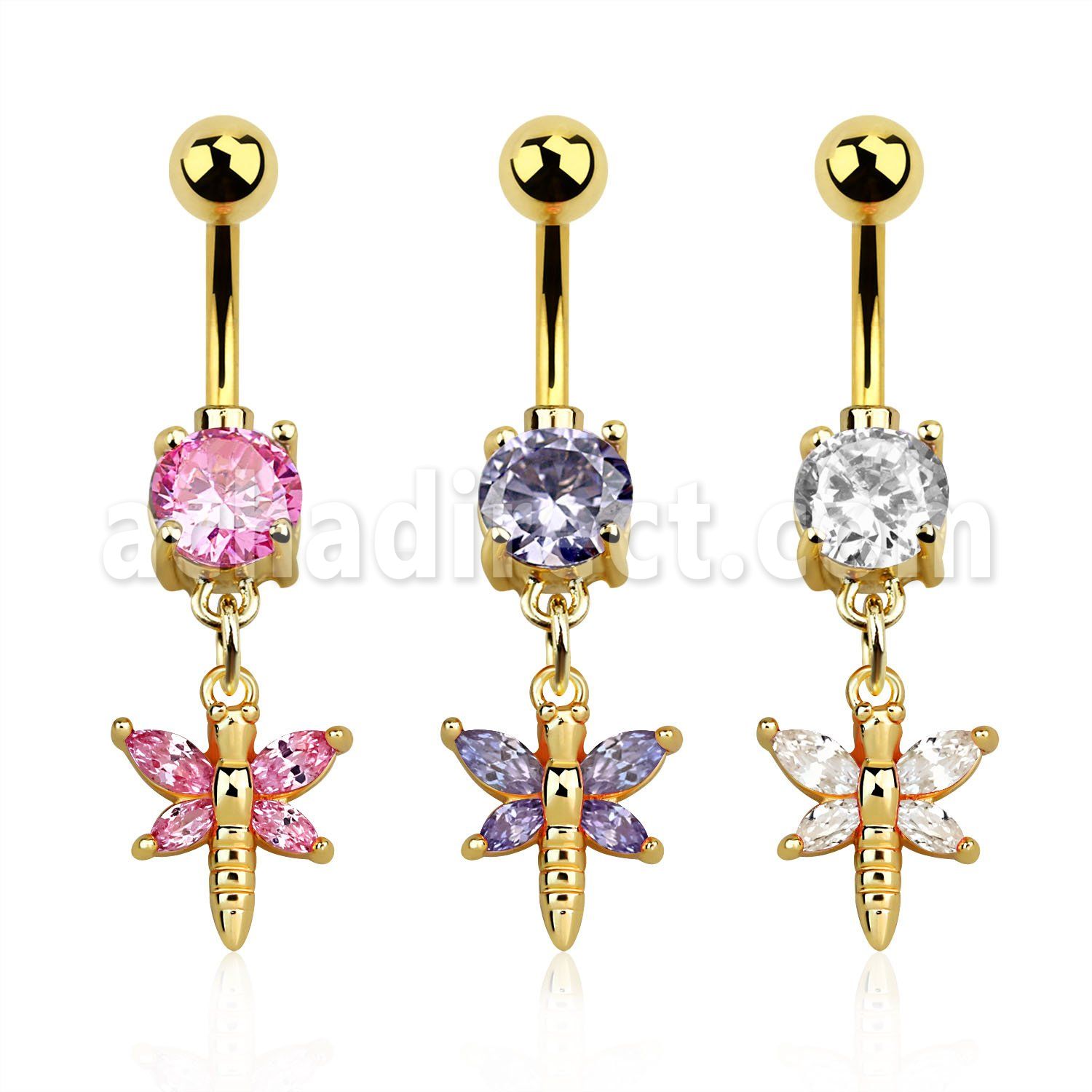 mdgz1 gold 316l steel belly banana w dangling butterfly w czs
