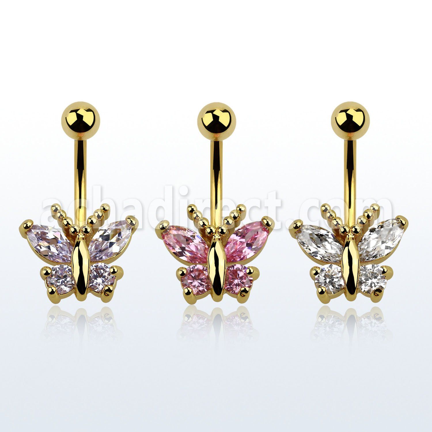 mdgz321 gold anodized belly banana w a crystal studded butterfly
