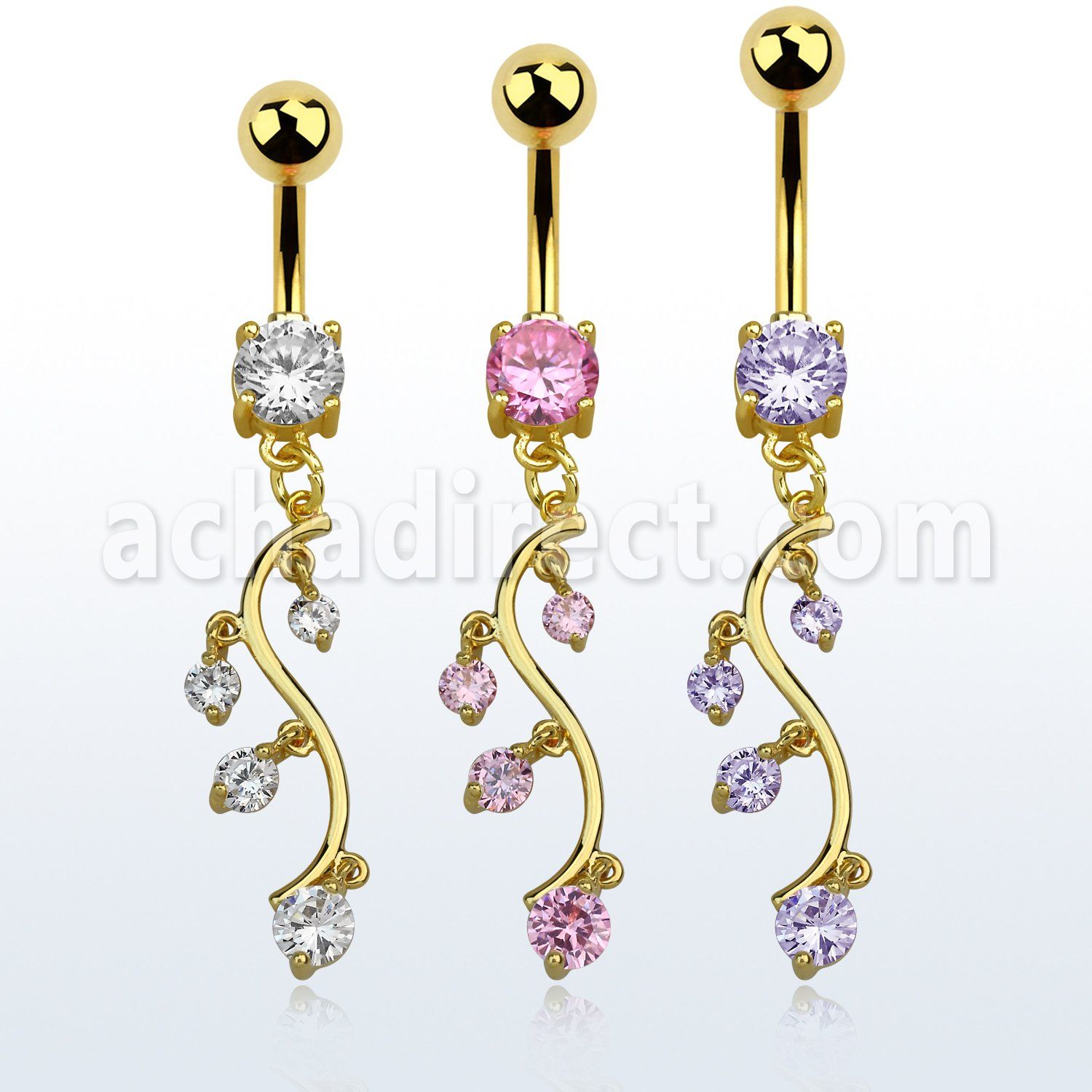 mdgz359 gold anodized belly banana w a dangling vine w cz