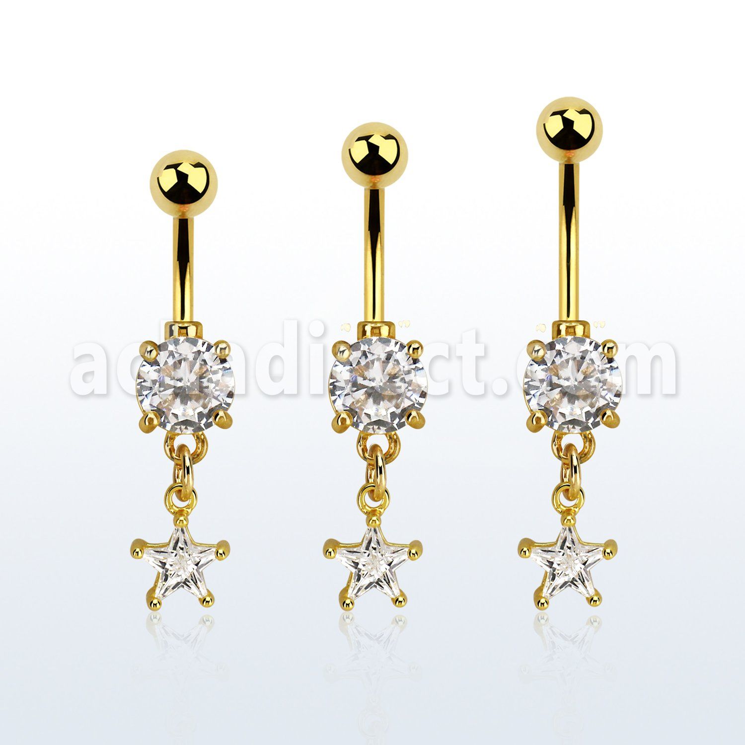 mdgzs6 gold steel belly banana w dangling prong set cz star