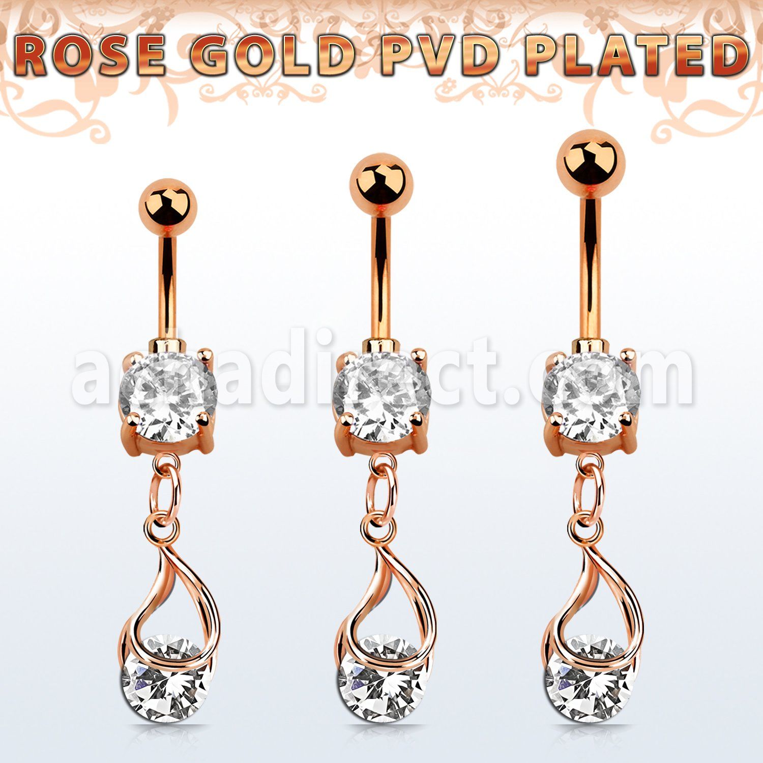 mdrz416 rose gold cz belly banana w dangling snap fit cz