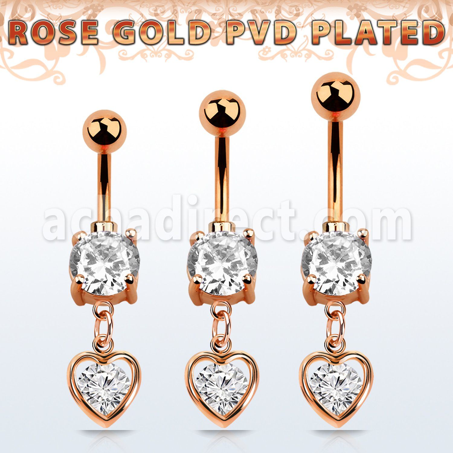 mdrz419 rose gold cz belly banana w dangling heart shape w cz