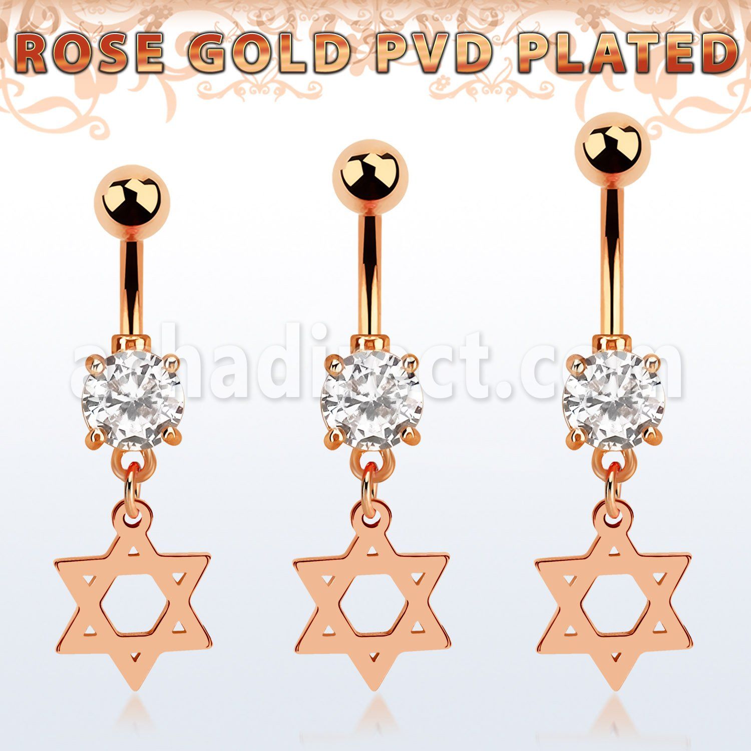 mdrz758 rose gold steel belly banana w prong set cz w david star