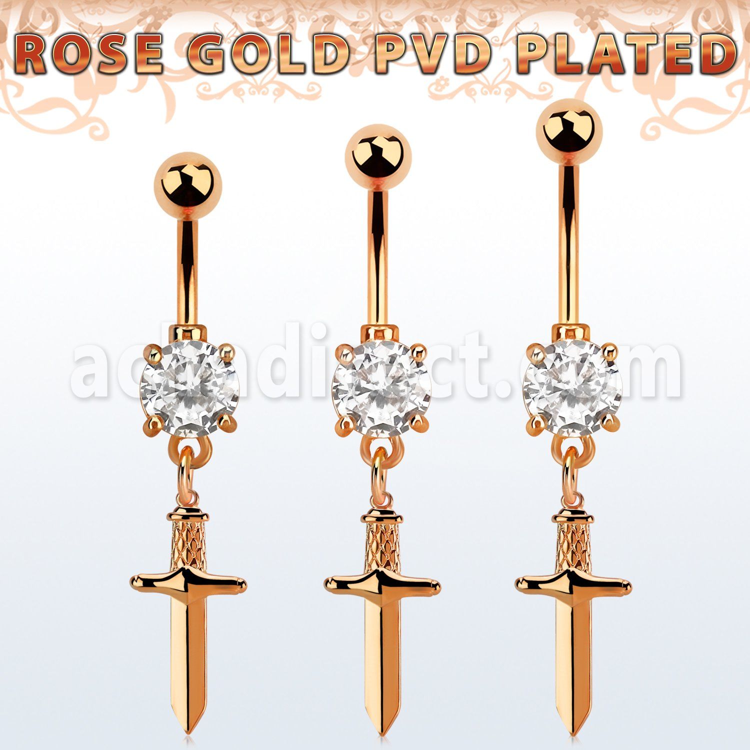 mdrz768 rose gold belly banana w 8mm  cz & dangling dagger