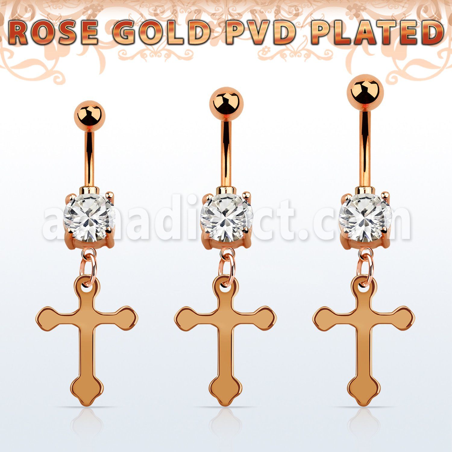 mdrzcro rose gold steel belly banana w cz vintage cross