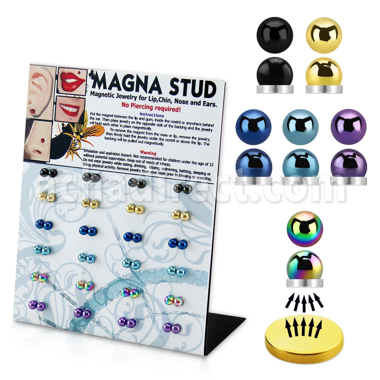 mg102 board of half ball anodized steel magnetic labret studs