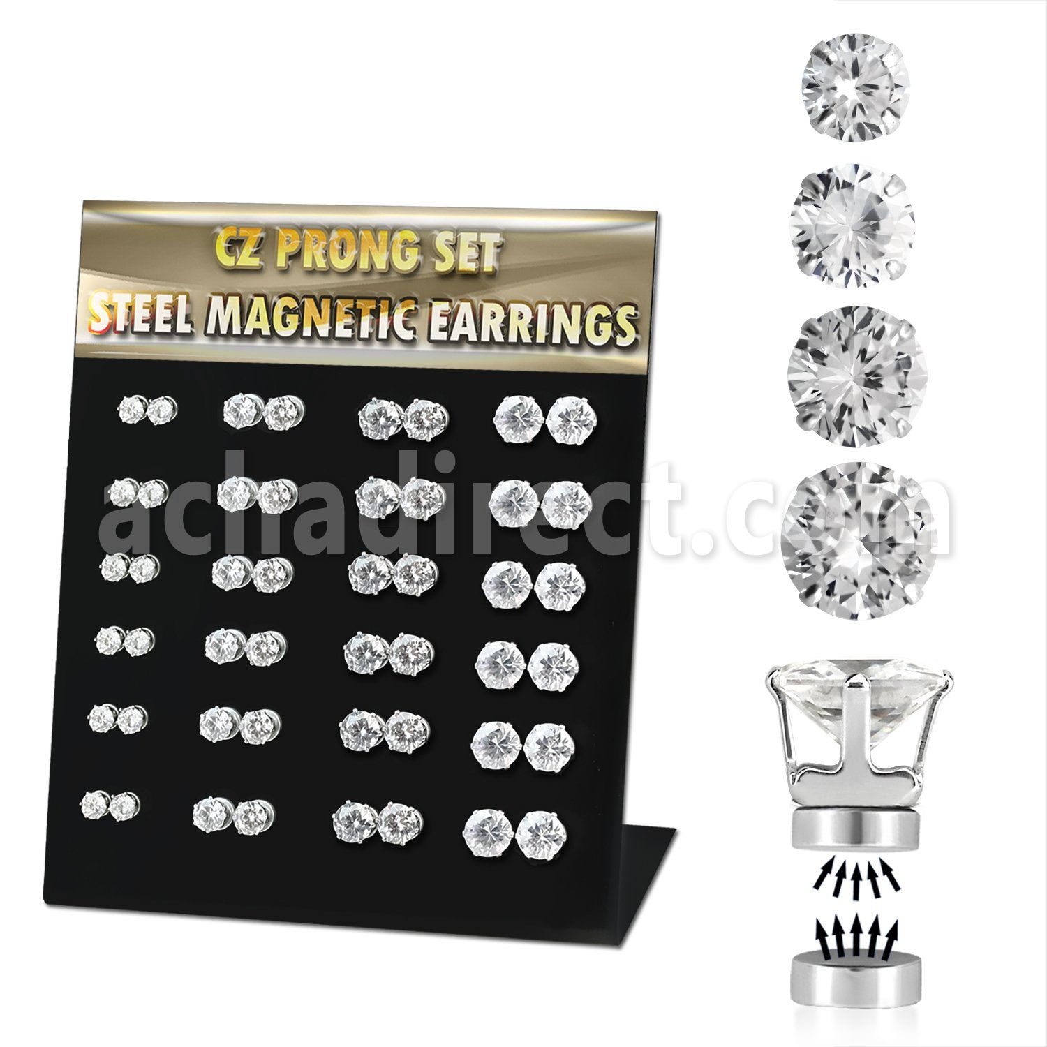 mg111 board w 24 prs. of magnetic ear studs w round clear cz