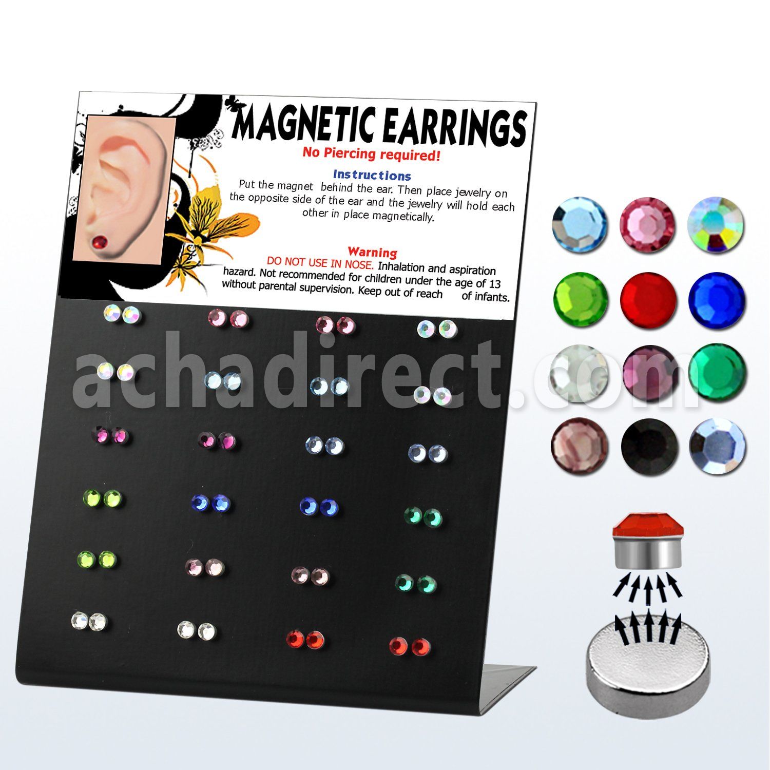 mg80 board of 3mm round clear crystal magnetic earrings