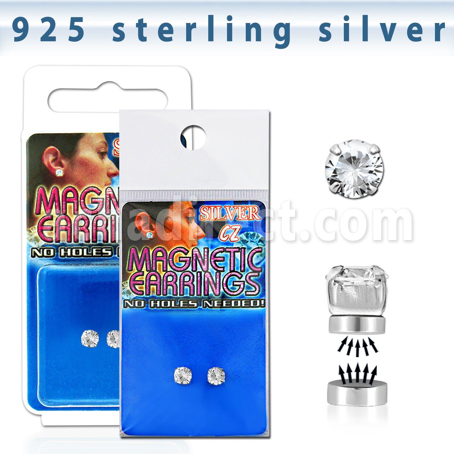 mgcz3 pair of silver magnetic earring studs with 3mm clear cz