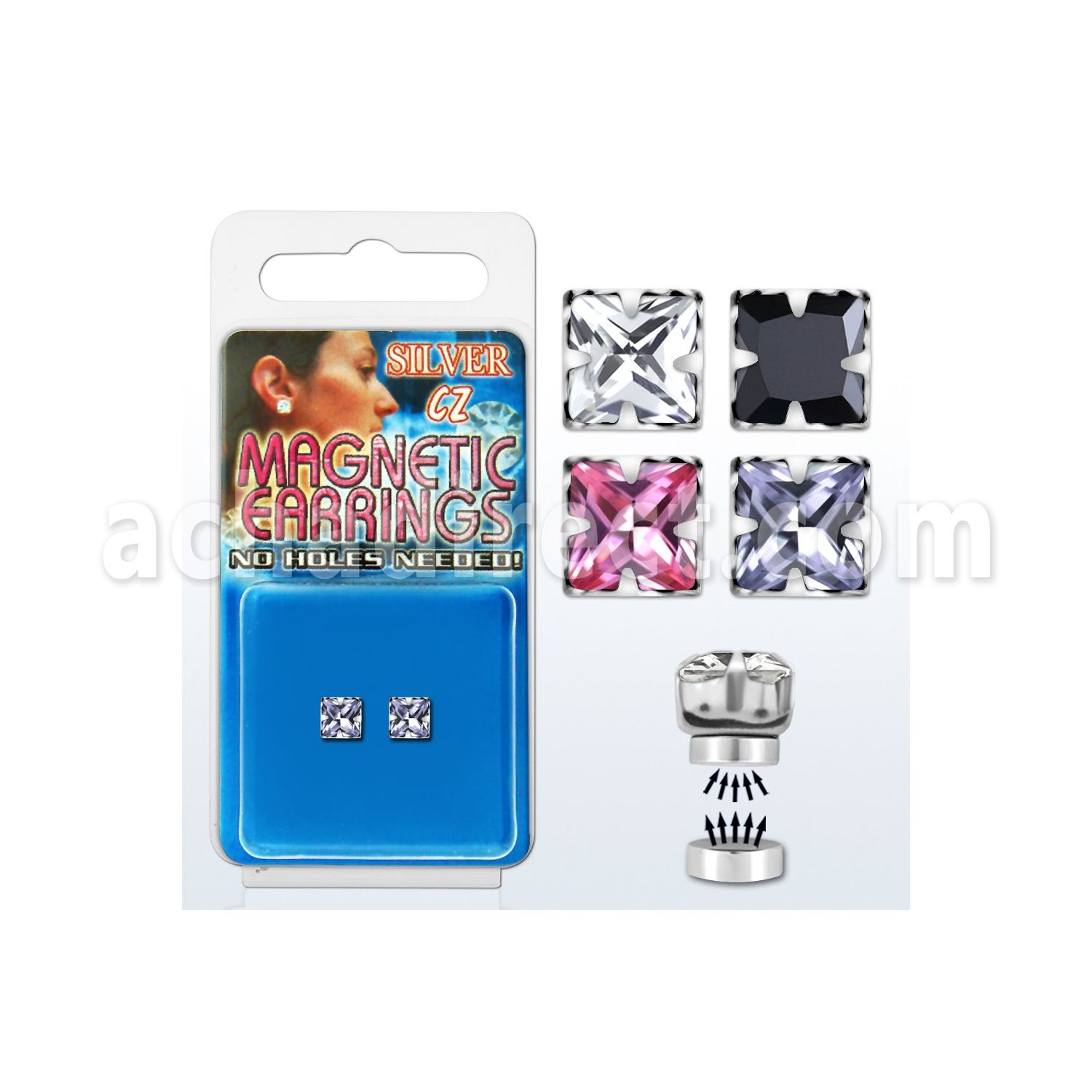 mgzq5m pair of silver magnetic ear studs w 5mm square color cz