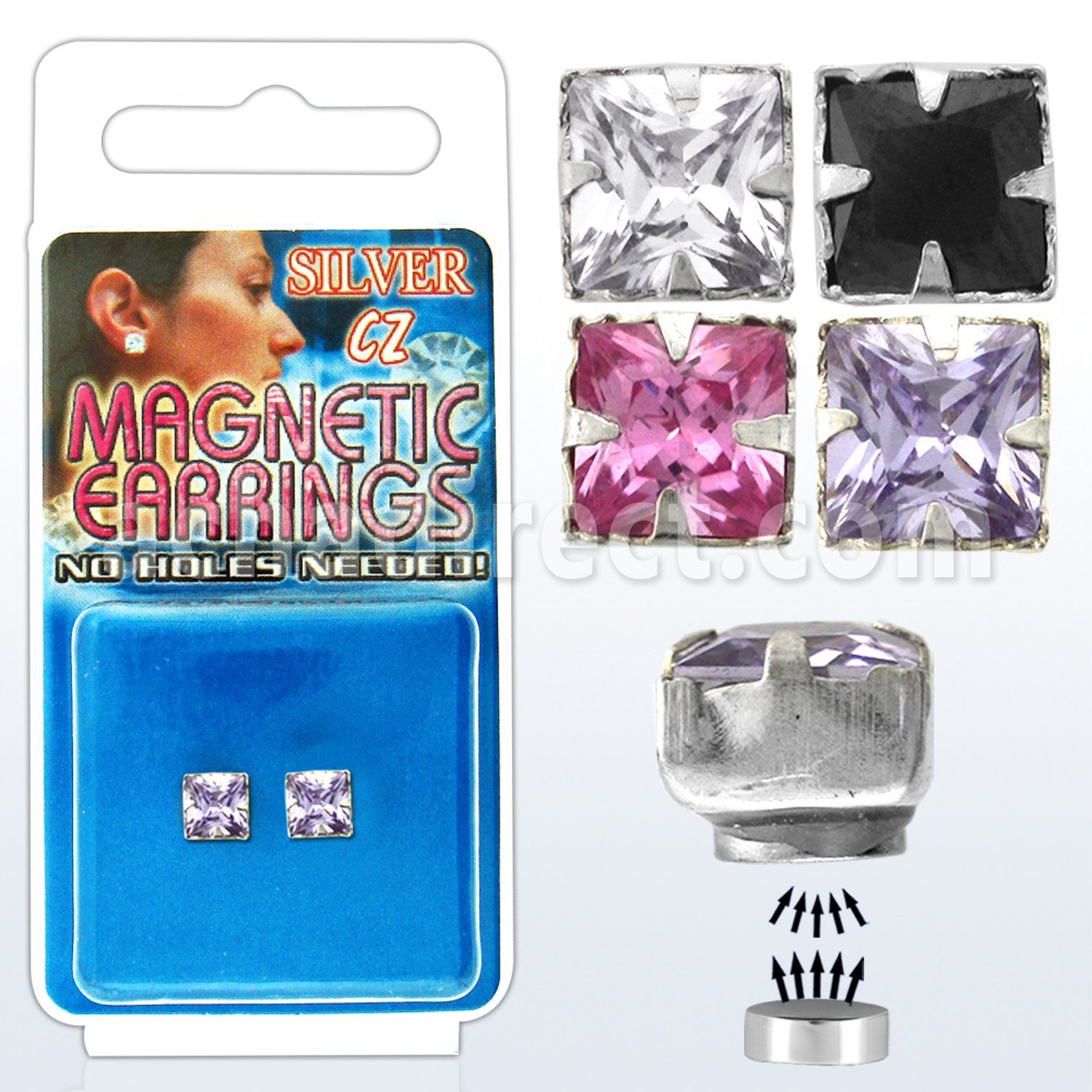 mgzq6m pair of silver magnetic earring studs w 6mm square cz