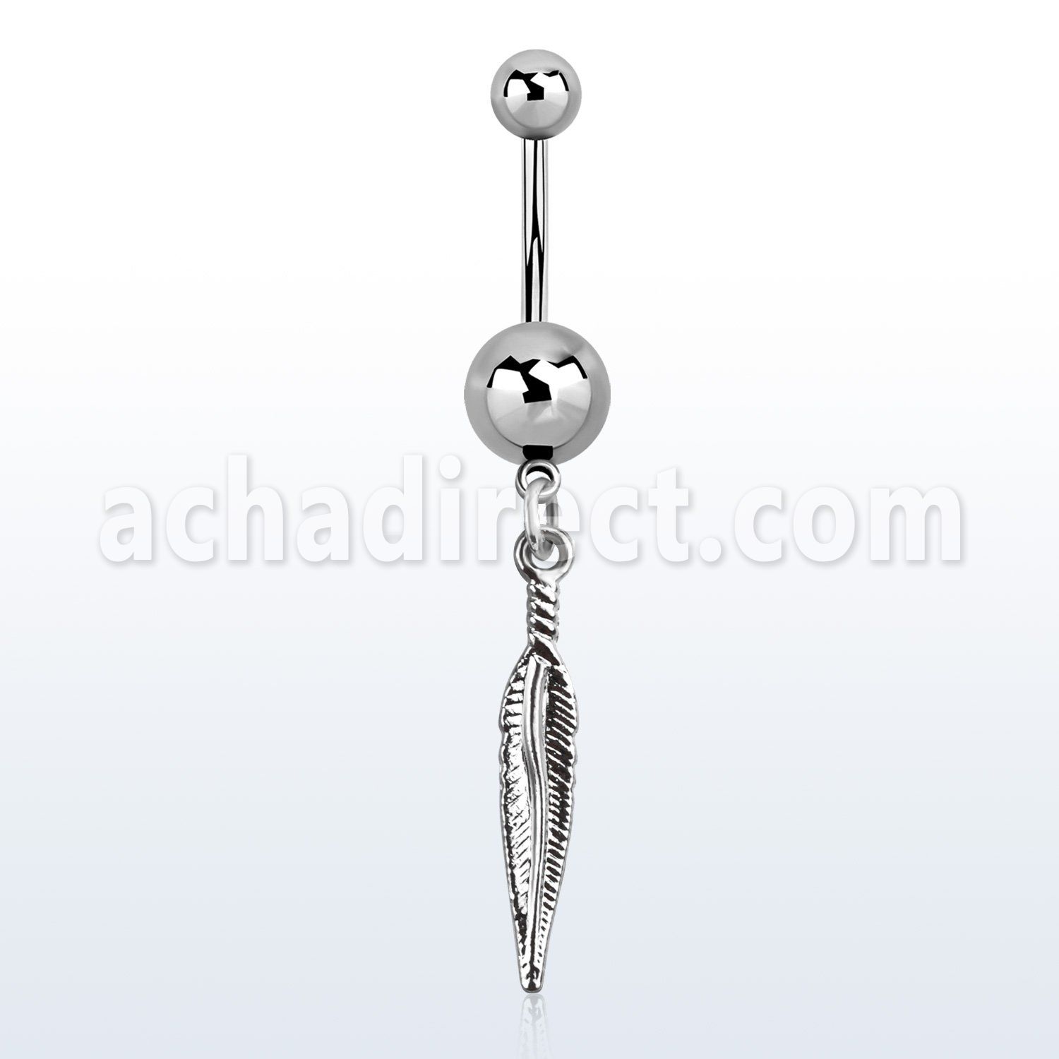 msd583 316l steel belly banana w a dangling small feather