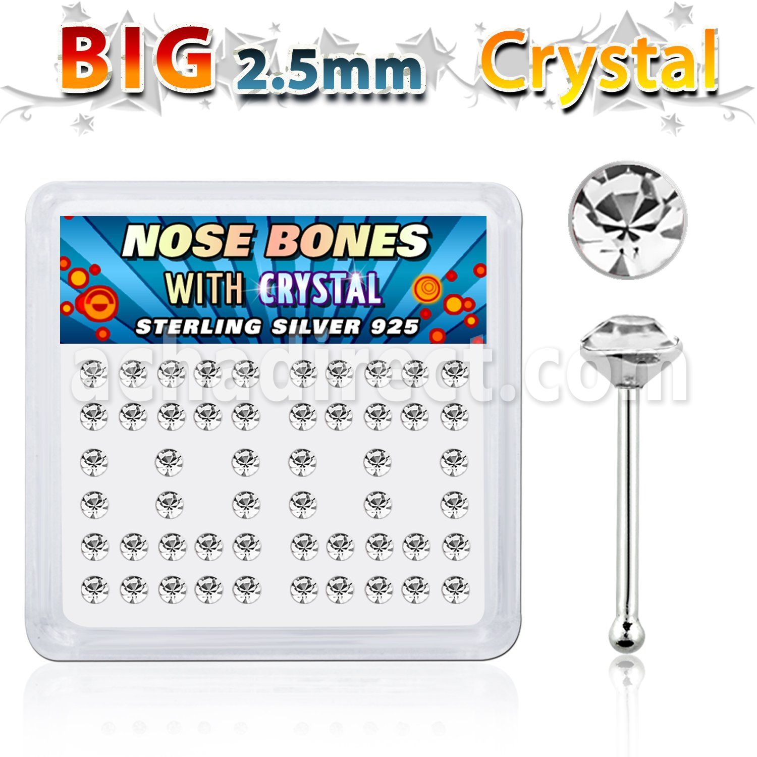 nb19cx box of silver nose bones w big 2 5mm clear crystal tops