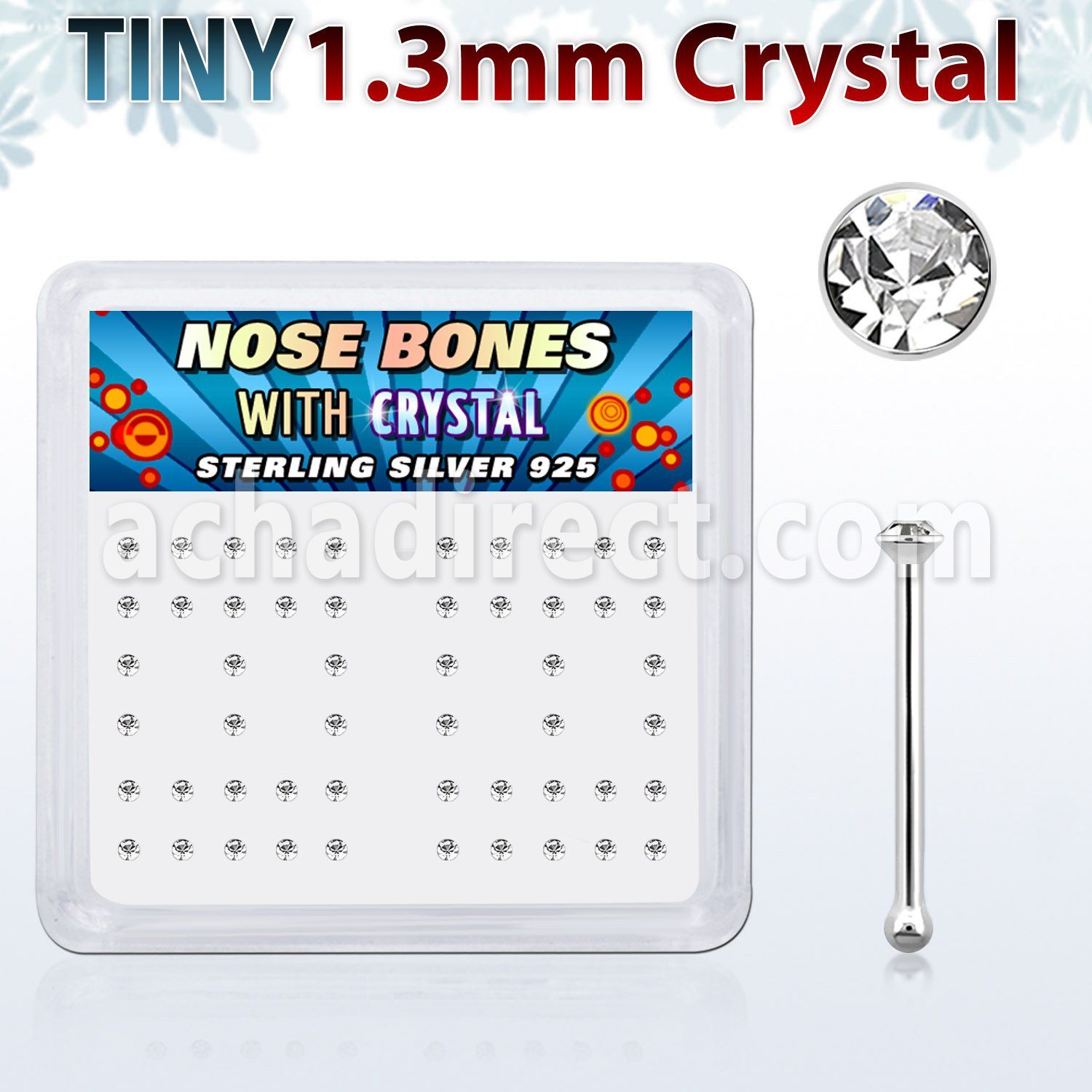 nb6cx box of silver nose bones w 1 25mm clear crystal tops
