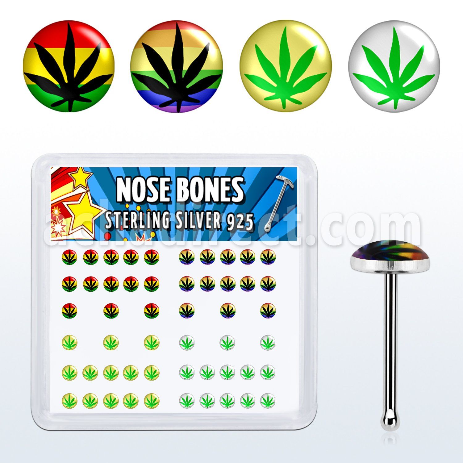 nblgx1 box of silver nose bones with assorted marijuana logo