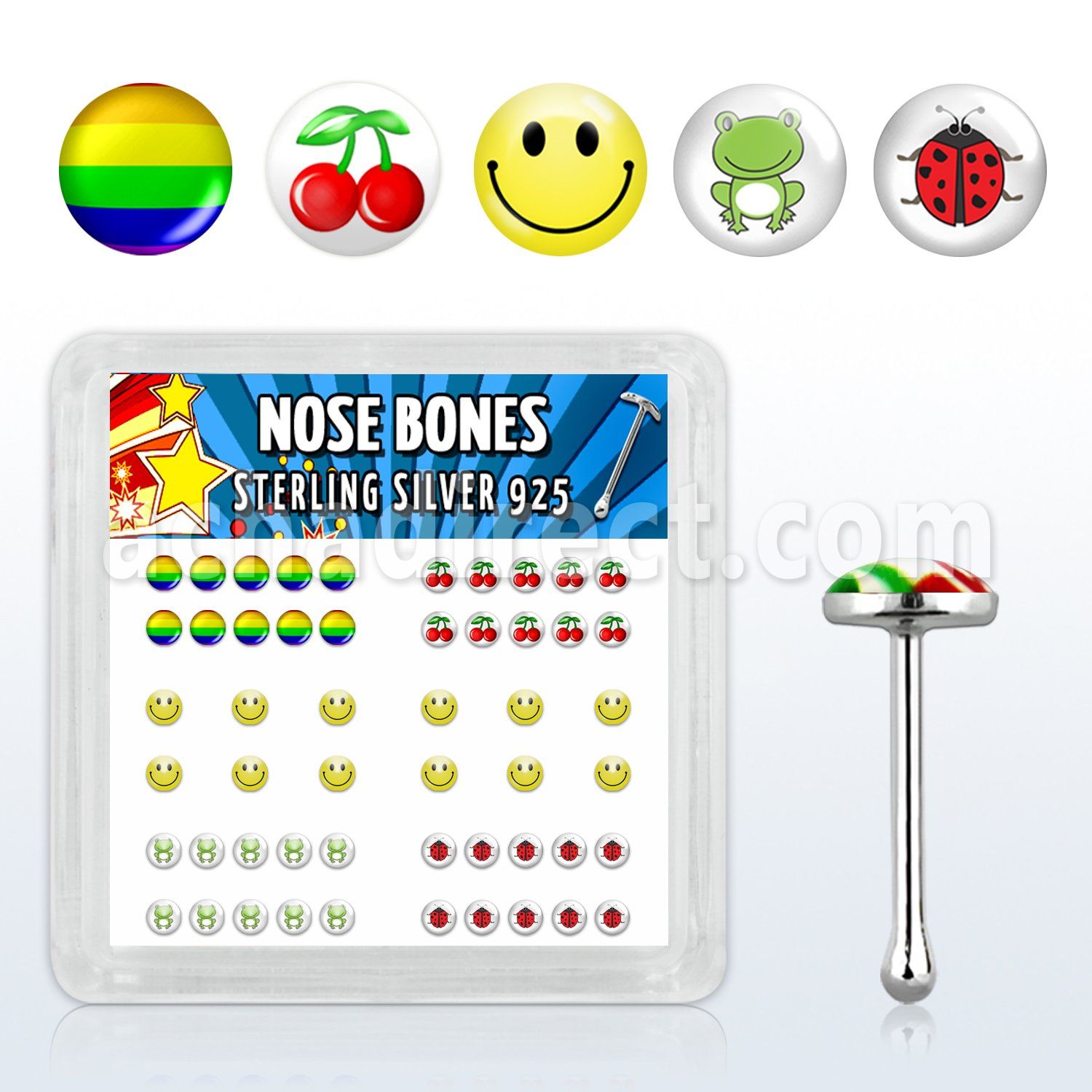 nblgx5 box of silver nose bones with assorted cute logo styles