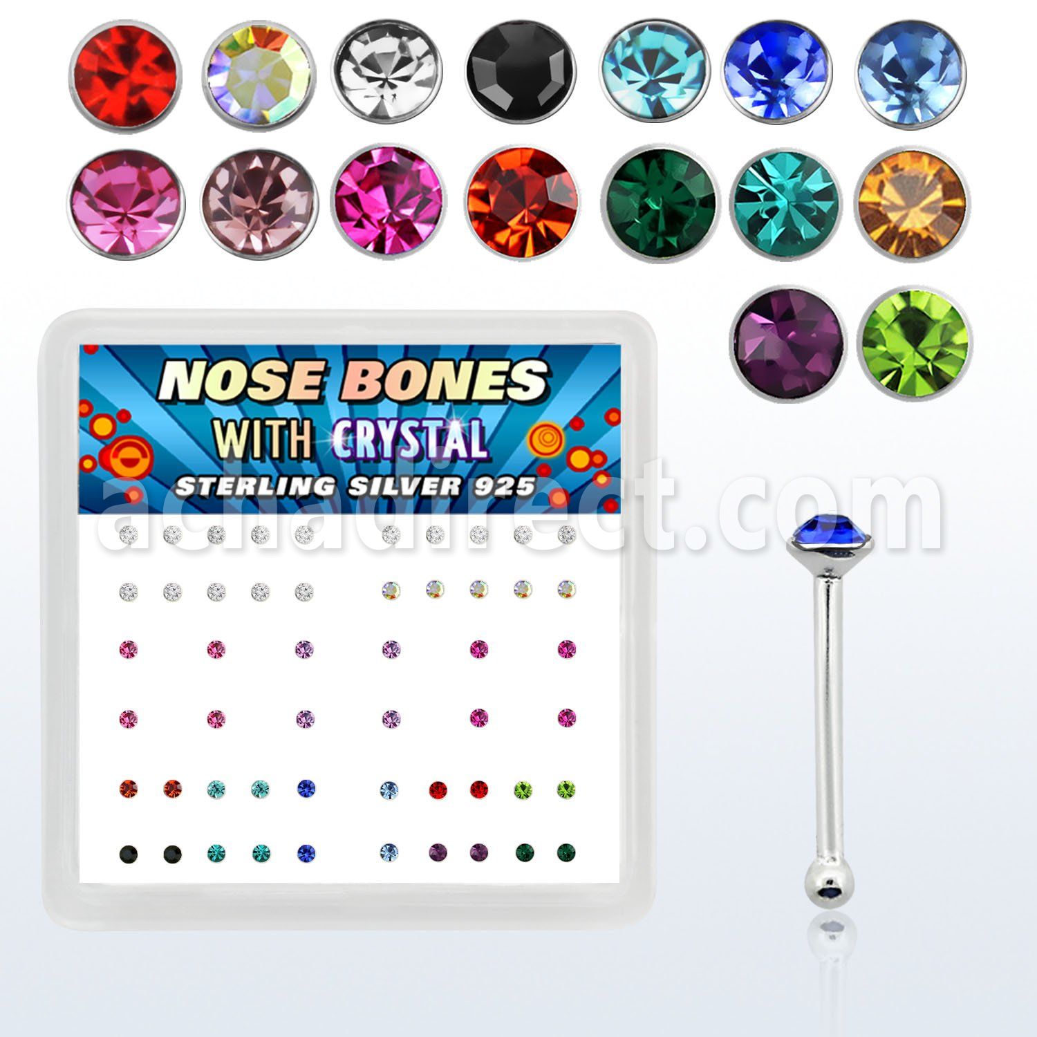 nbrdbxm box of silver nose bones with assorted crystal tops