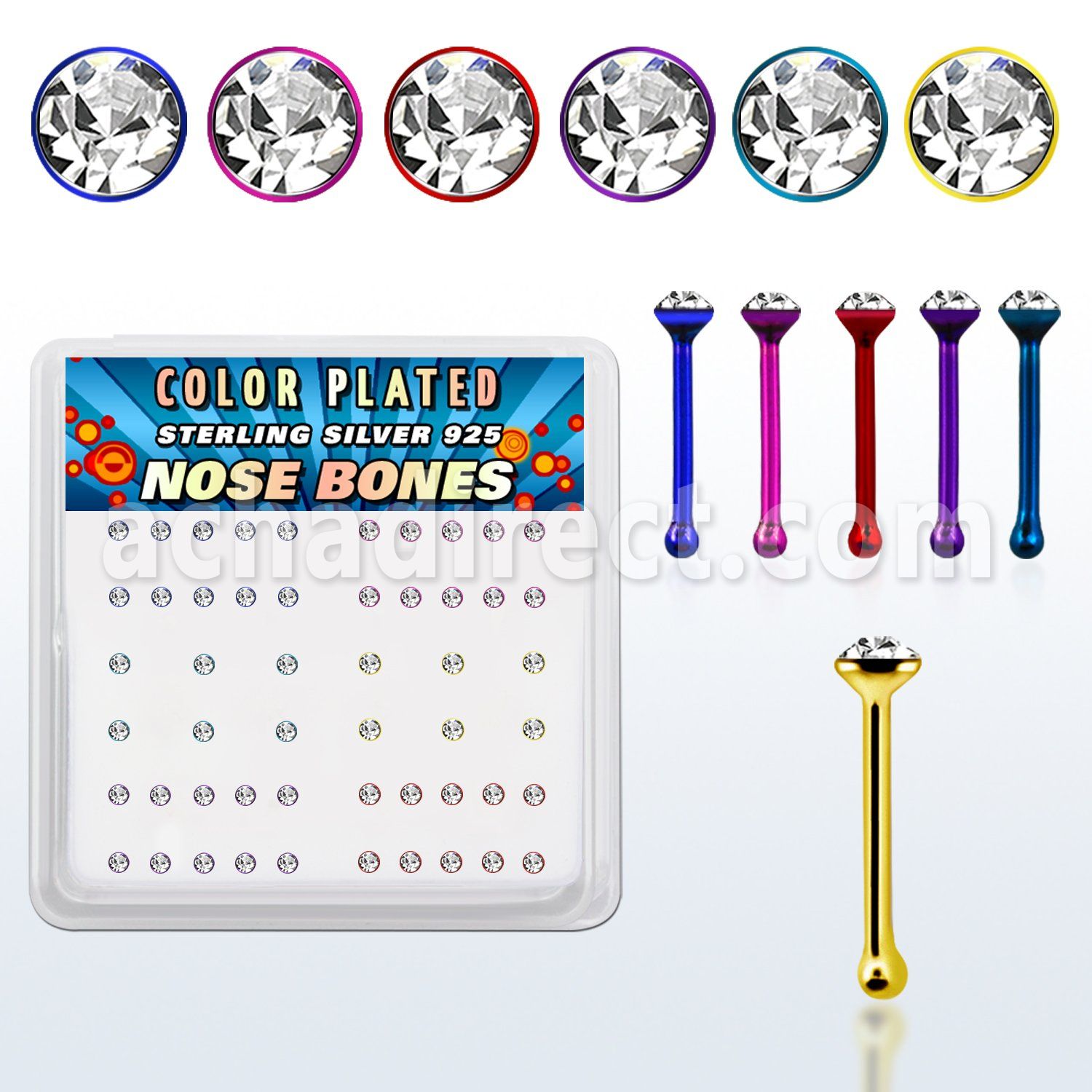 nbrdpbxc box of color plated silver nose bones w clear crystals