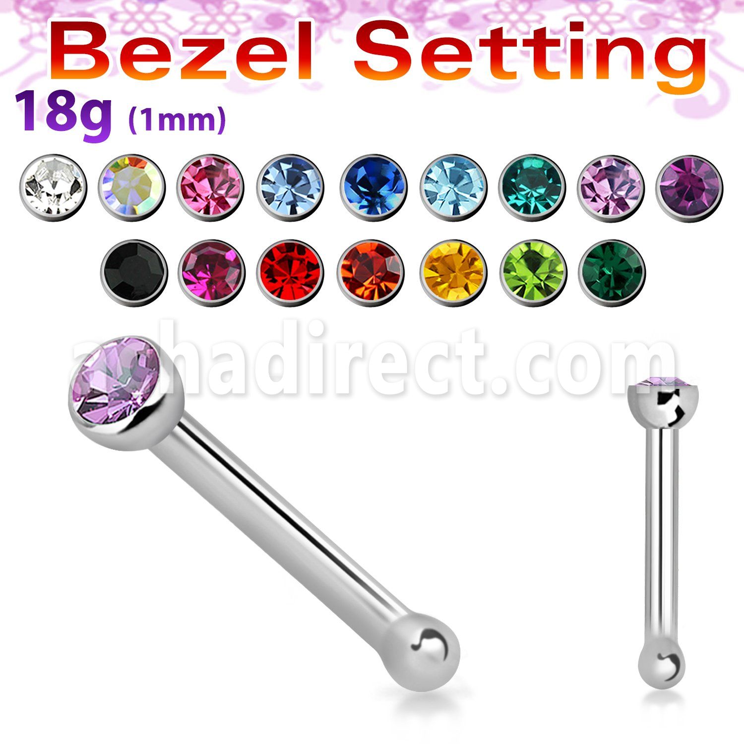 nbsb18 316l steel nose bone w 2mm round top w bezel set crystal