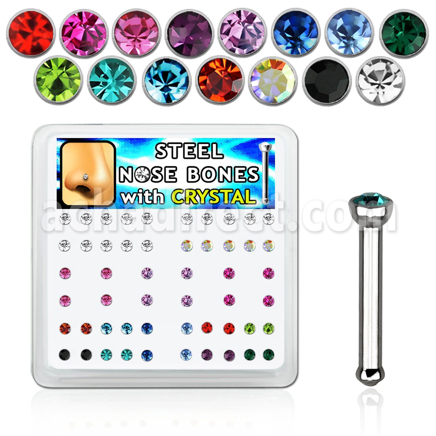 nbsxm box of 316l steel nose bones with 2mm round crystal