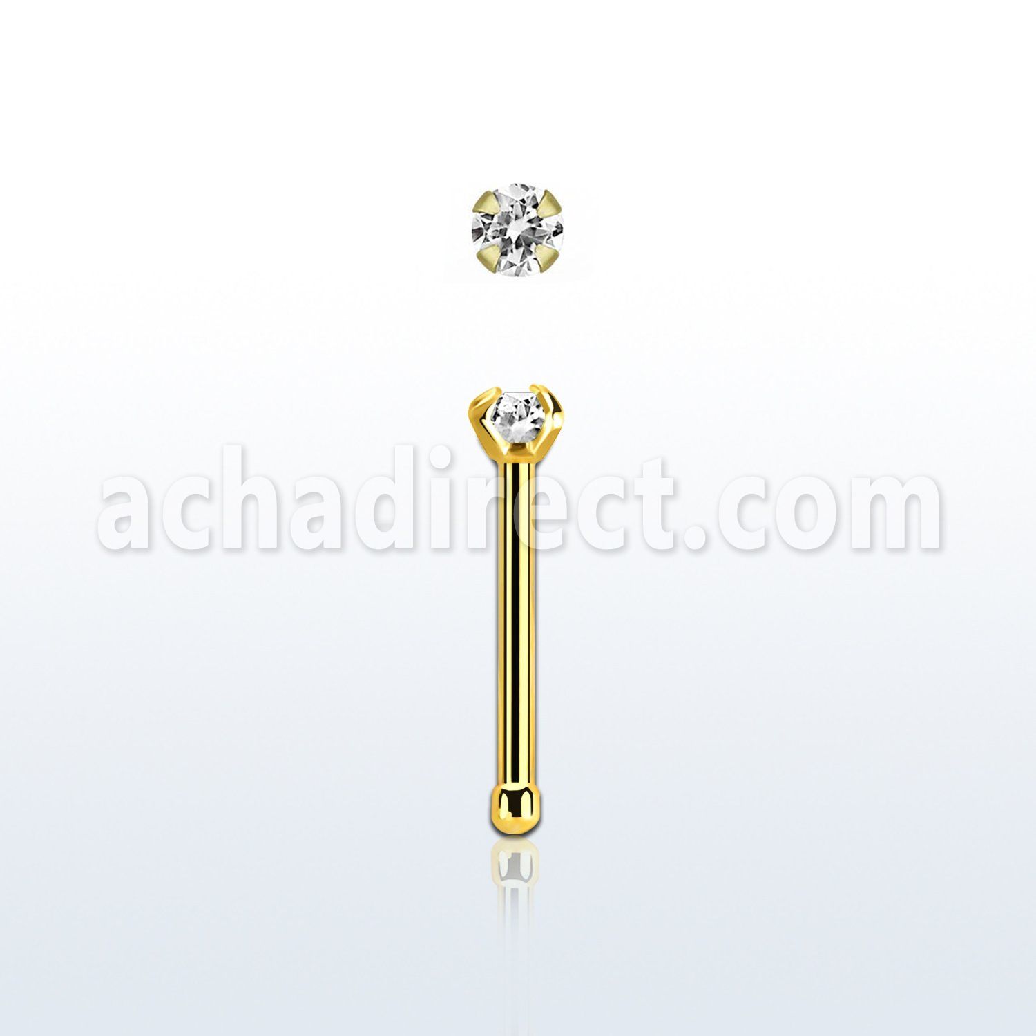 nbtzr2 gold steel nose bone, 20g w prong set 2mm round cz