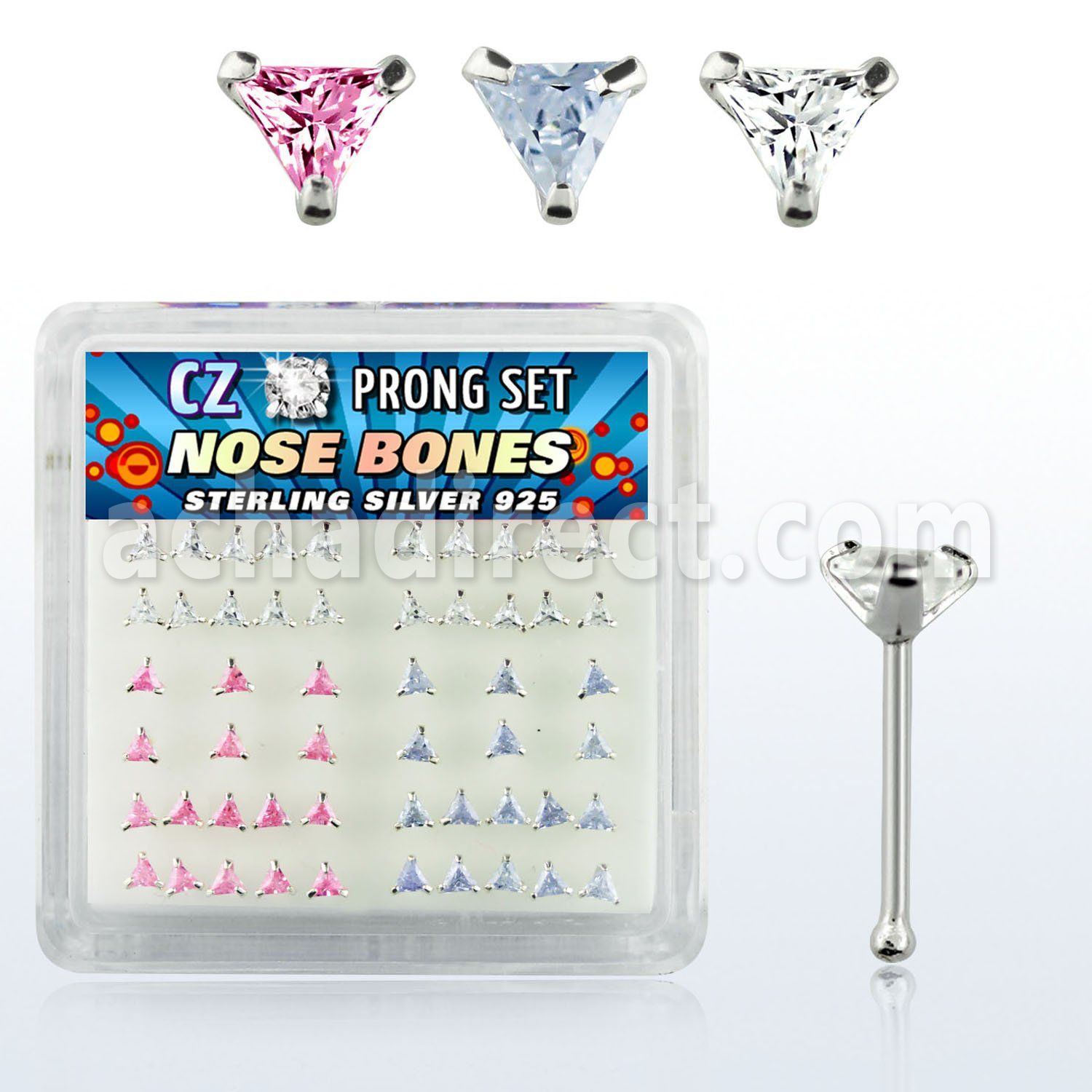 nbztrm silver nose bones w triangle assorted color prong cz
