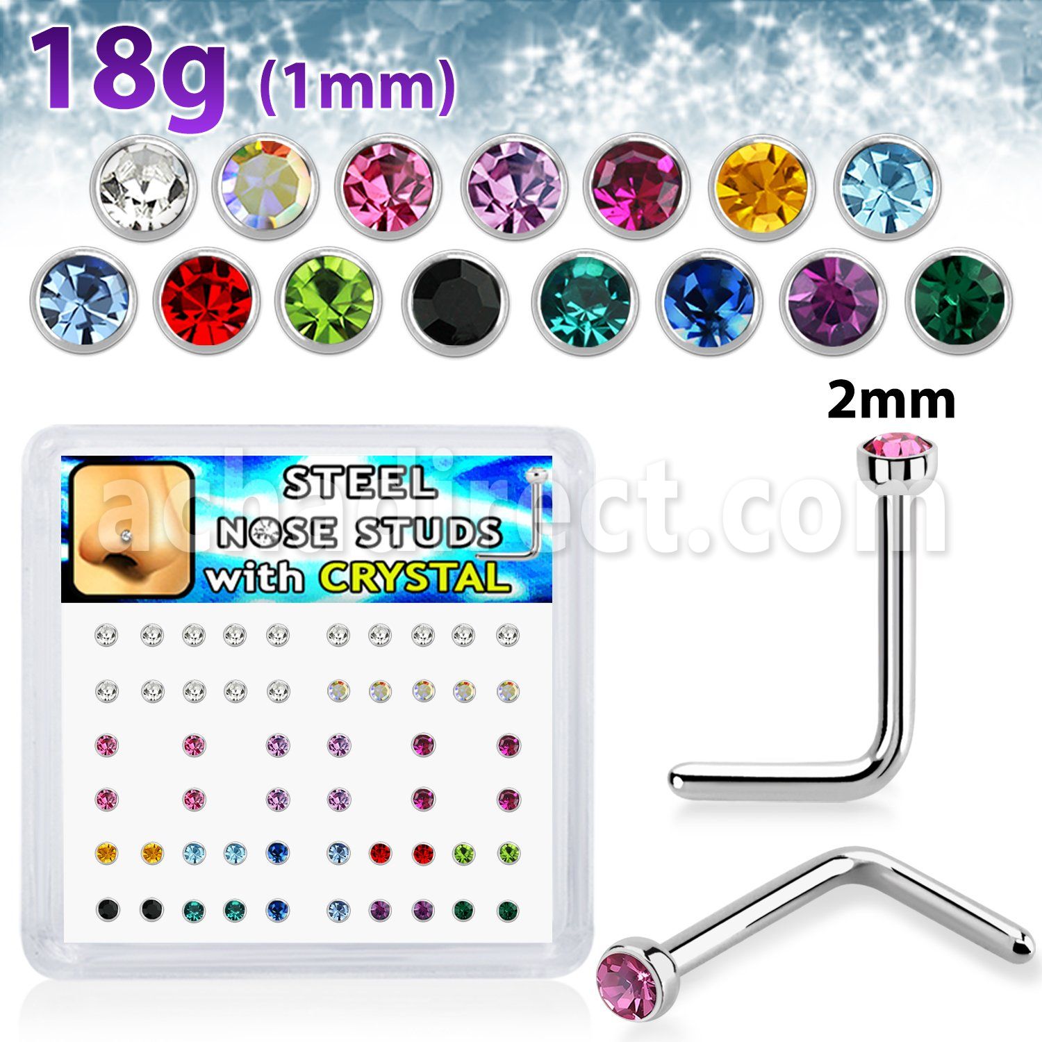 nlc18xm 316l steel nose studs round crystal tops assorted