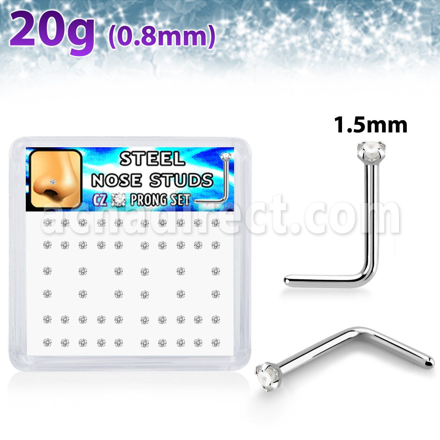 nlzr15xc 316l steel nose studs prong set round clear cz