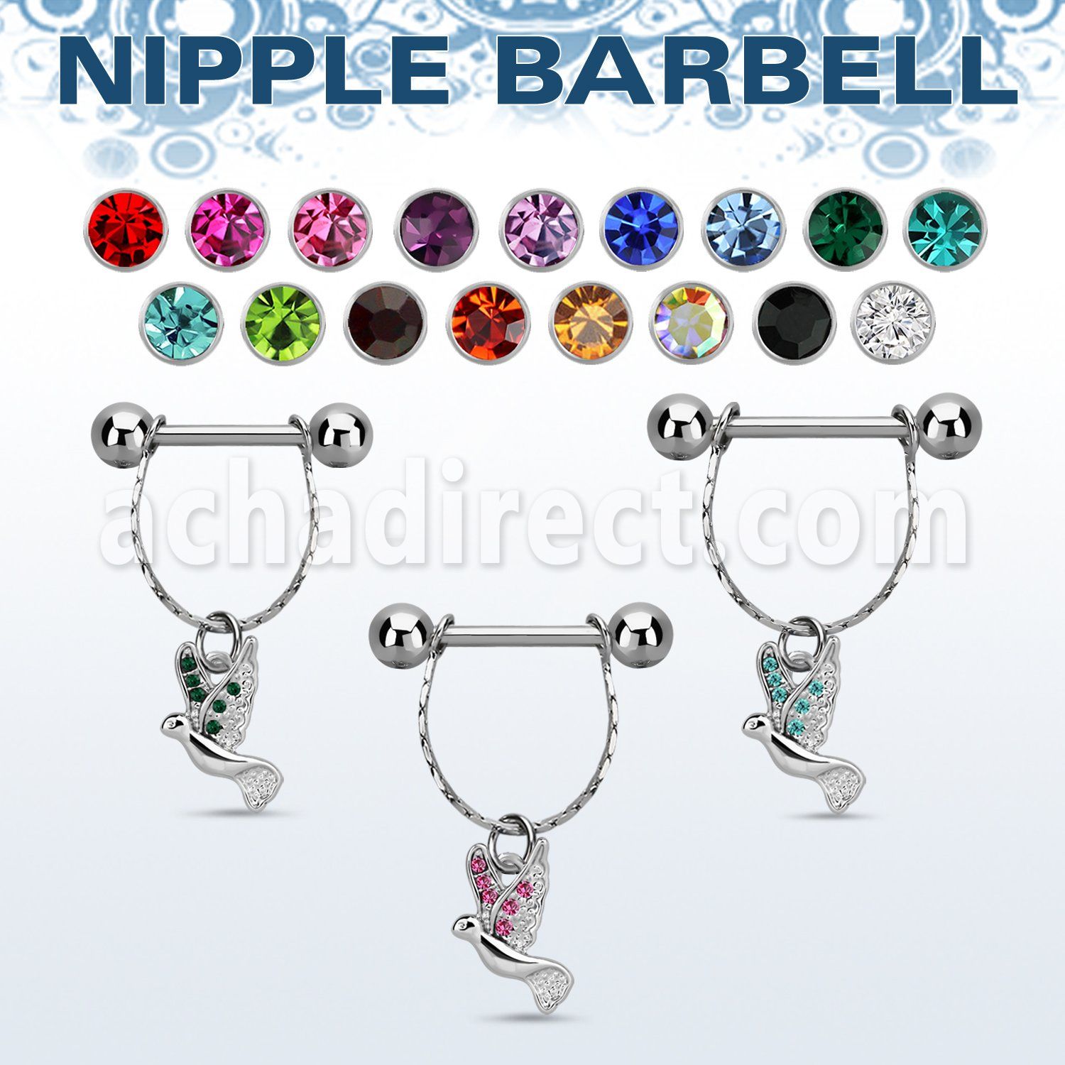 npdl11 steel nipple barbell w chain dove w tiny crystals