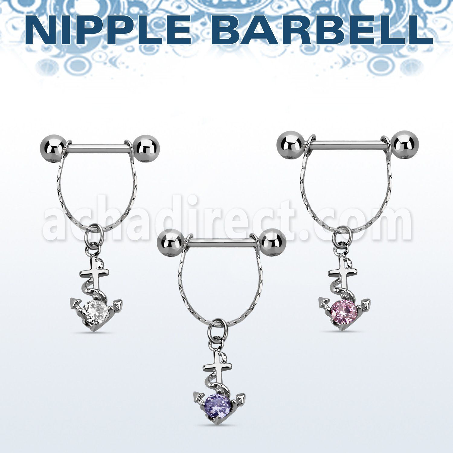 npdl23 steel nipple barbell w chain dangling anchor w cz