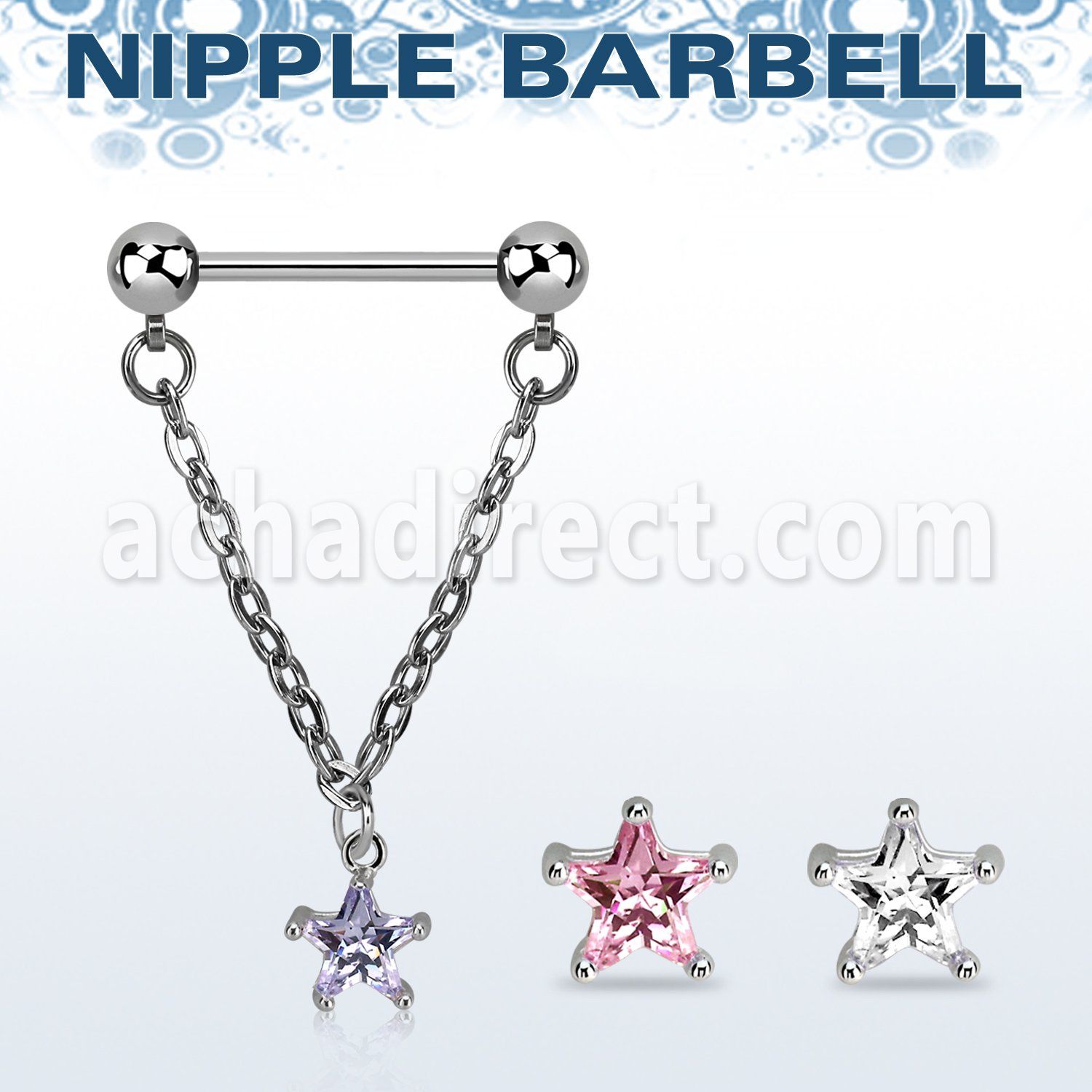 npdl35 steel nipple barbell dangling prong set star shaped cz 