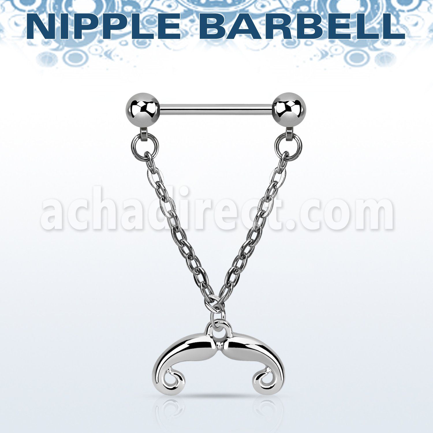 npdl36 steel nipple barbell w dangling french mustache design