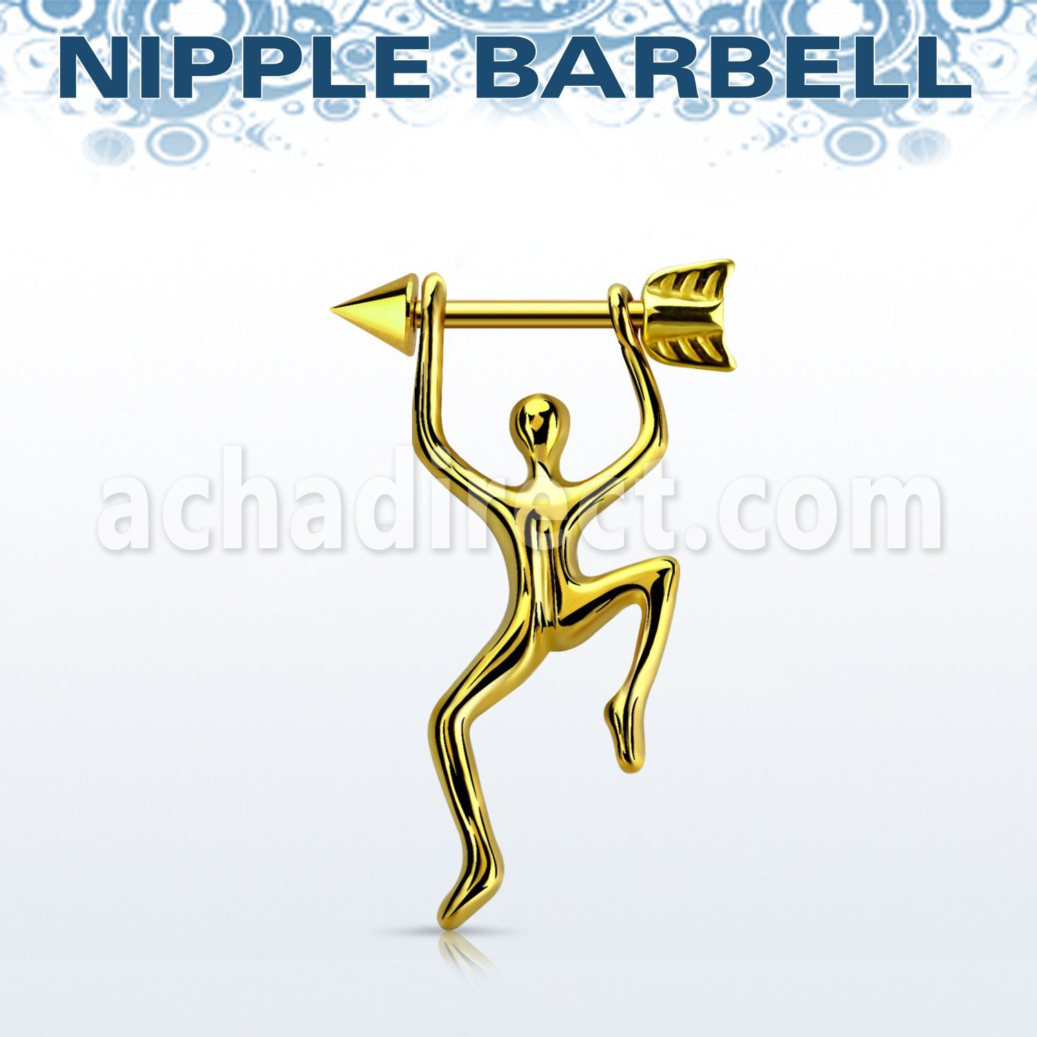 nptd14 gold pvd plated nipple barbell arrow hanging man 