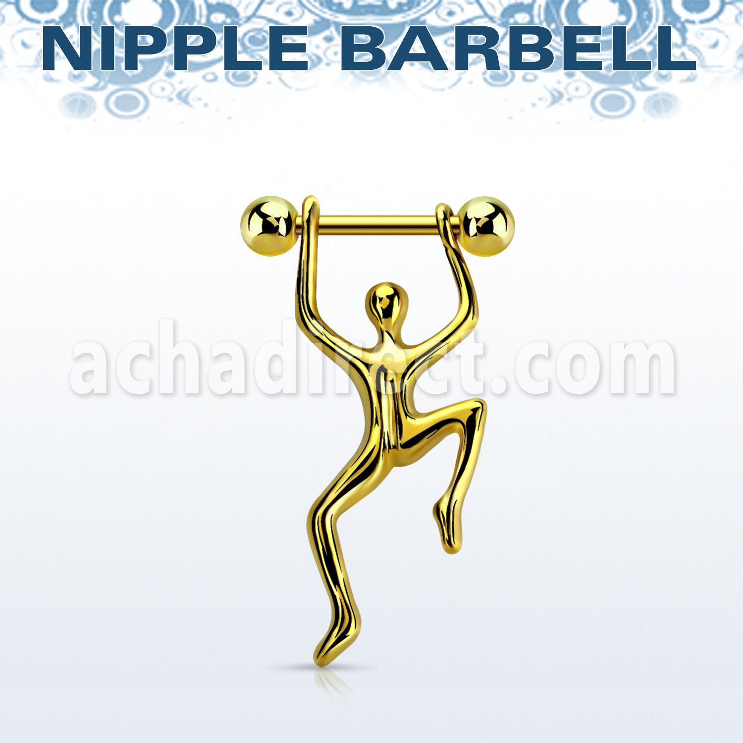nptd7 gold pvd plated steel nipple barbell, 14g w hanging man 