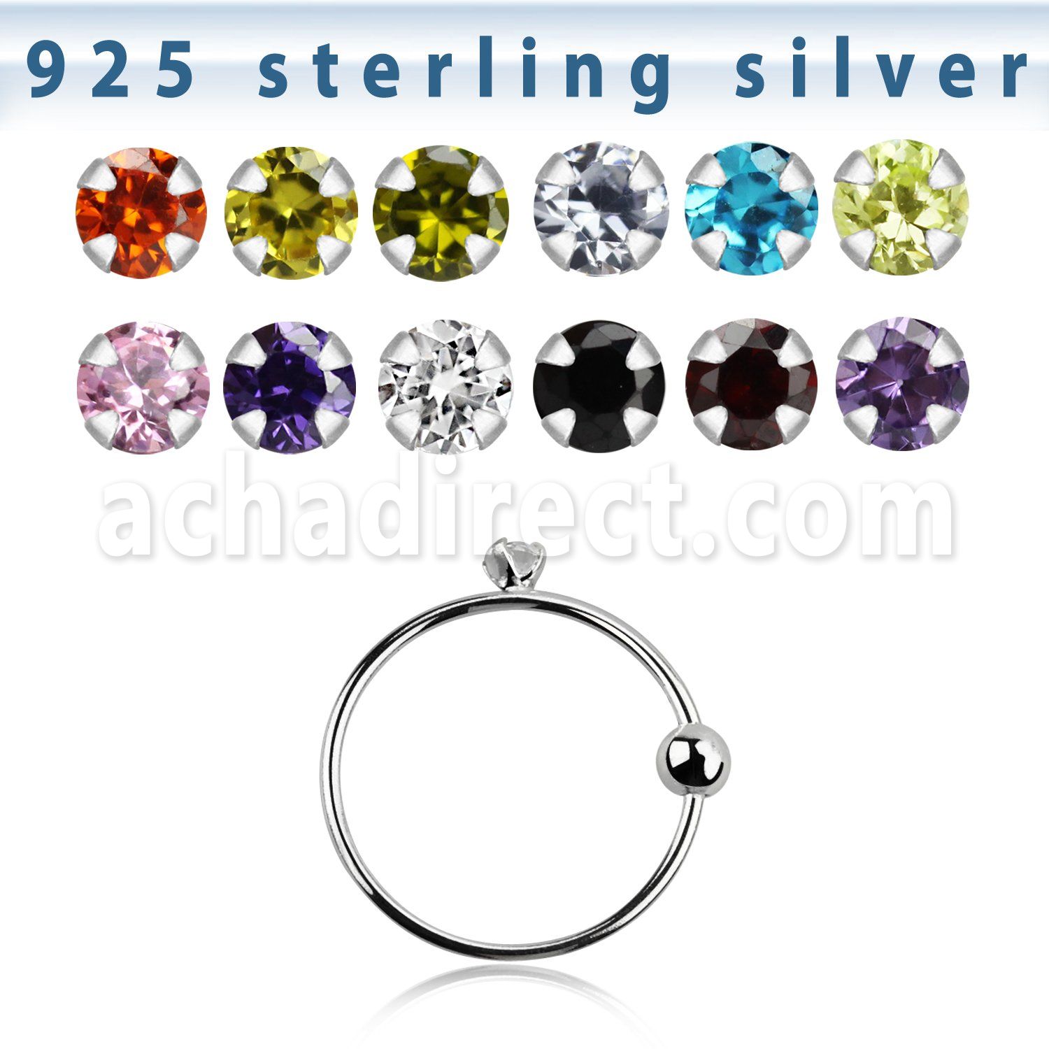 ns06z15m silver noose hoop w a 1 5mm prong set round cz 10mm