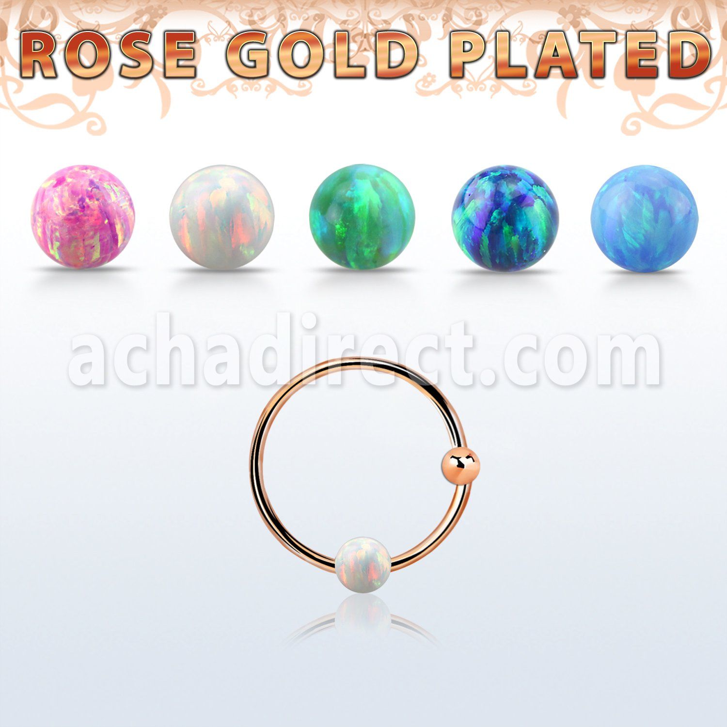 ns07rso rose gold silver nose hoop w ball 3mm opal ball 12mm