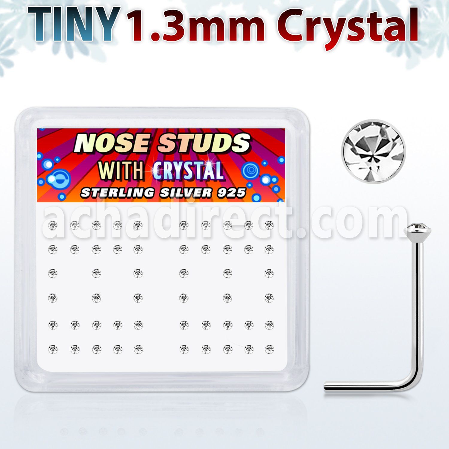 ns6cx box of silver nose studs with 1 25mm clear crystal tops