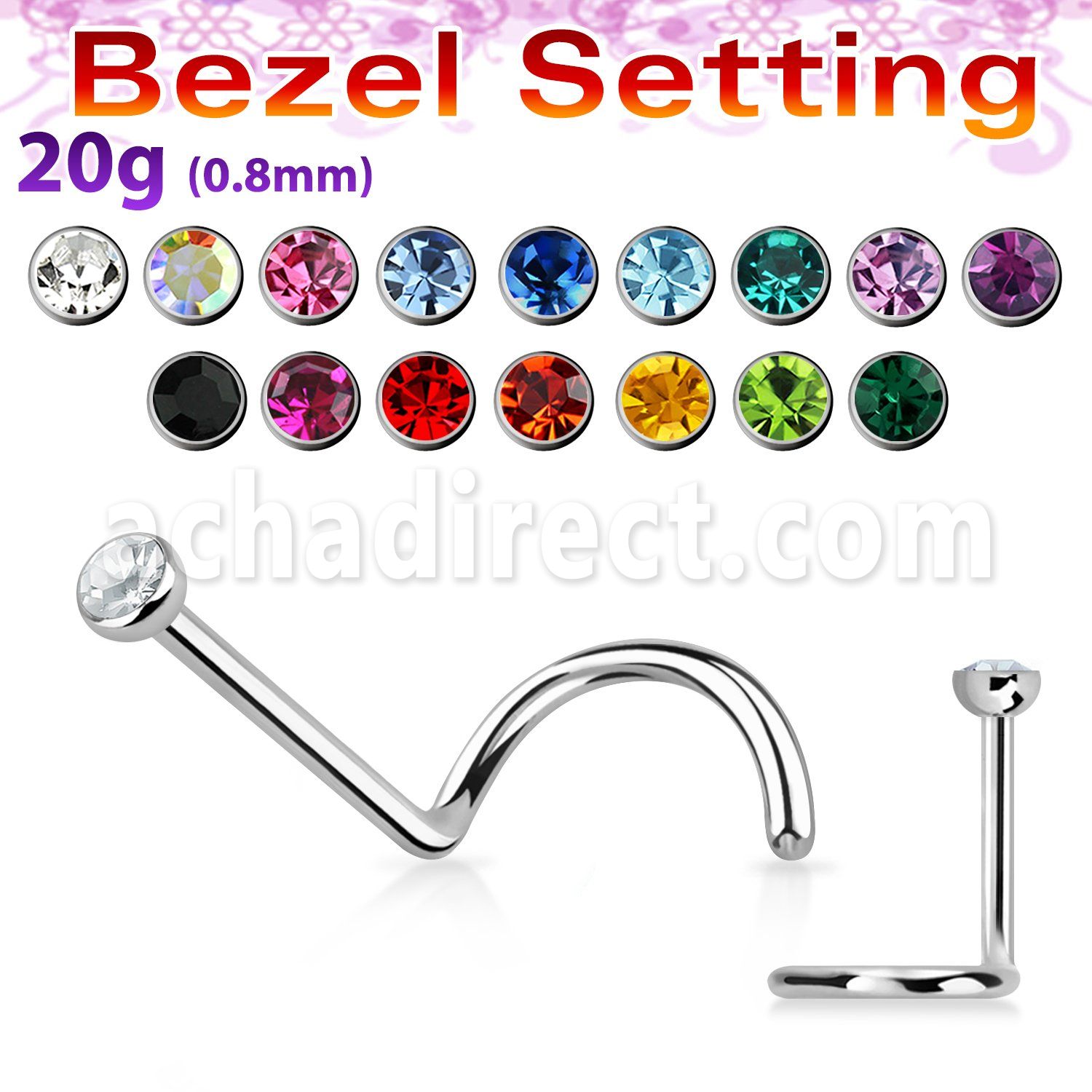 nscb25 316l steel nose screw with bezel set round crystal top