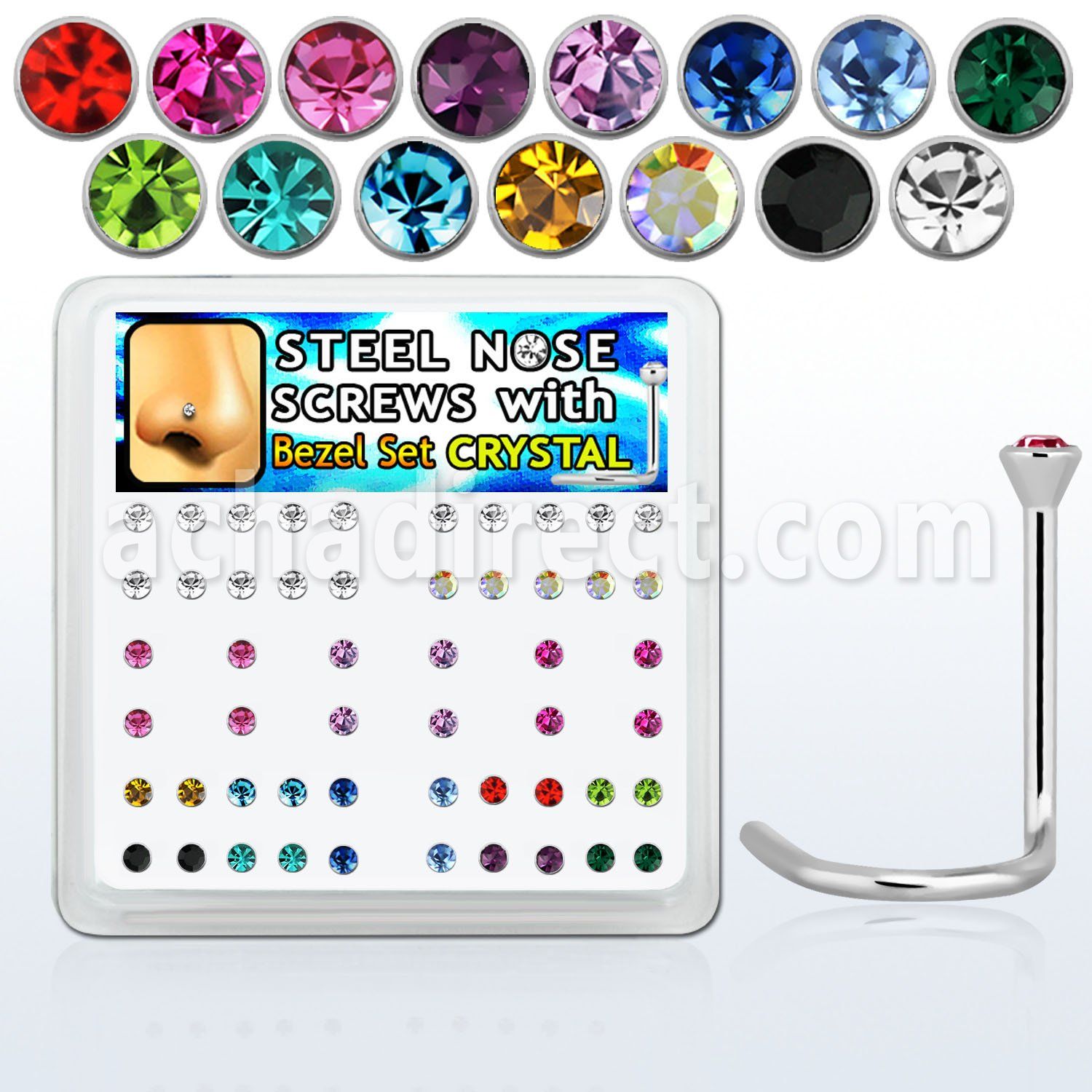 nscbxm box of 316l steel nose screws w 2mm bezel crystals tops