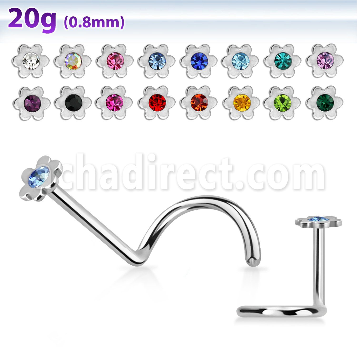 nscflc polished 316l steel nose screw with flower top crystal