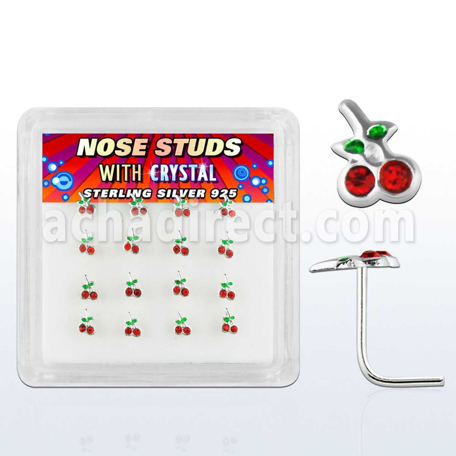 nsch16 box of silver nose studs w crystal cherries with leaves