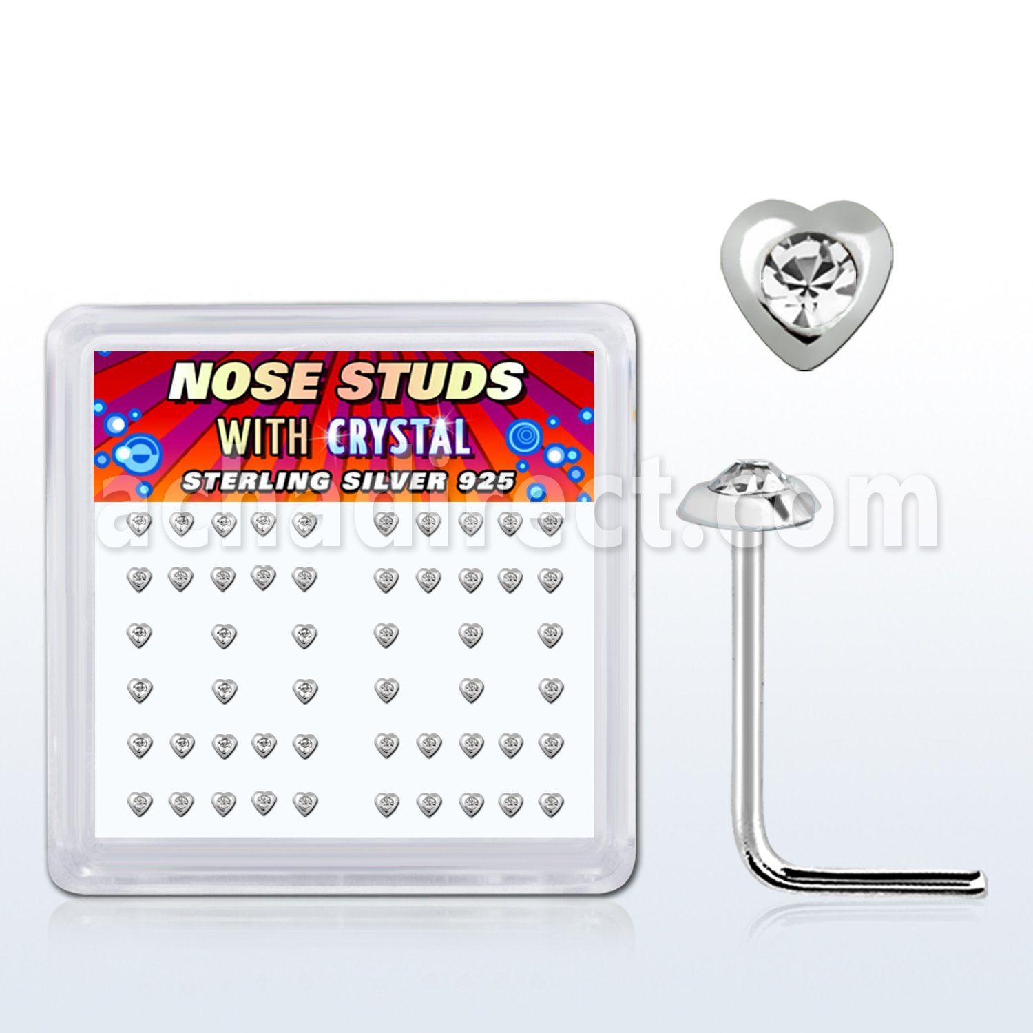 nshrbxc box of silver nose studs with heart w center crystal