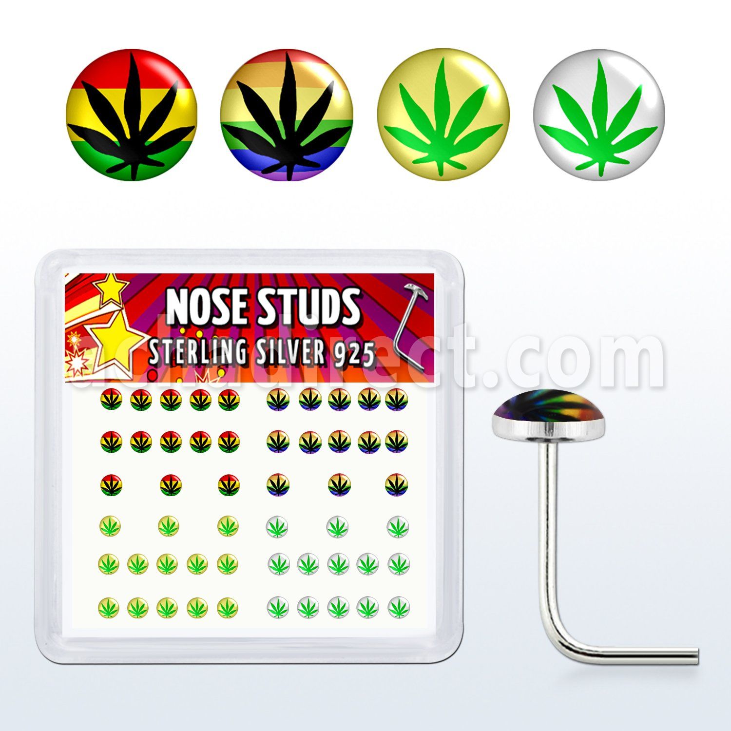 nslgx1 box of silver nose studs with assorted marijuana logo